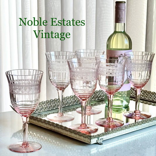 Vintage Pink Needle Etched Optic Panel Glasses - Set of 6