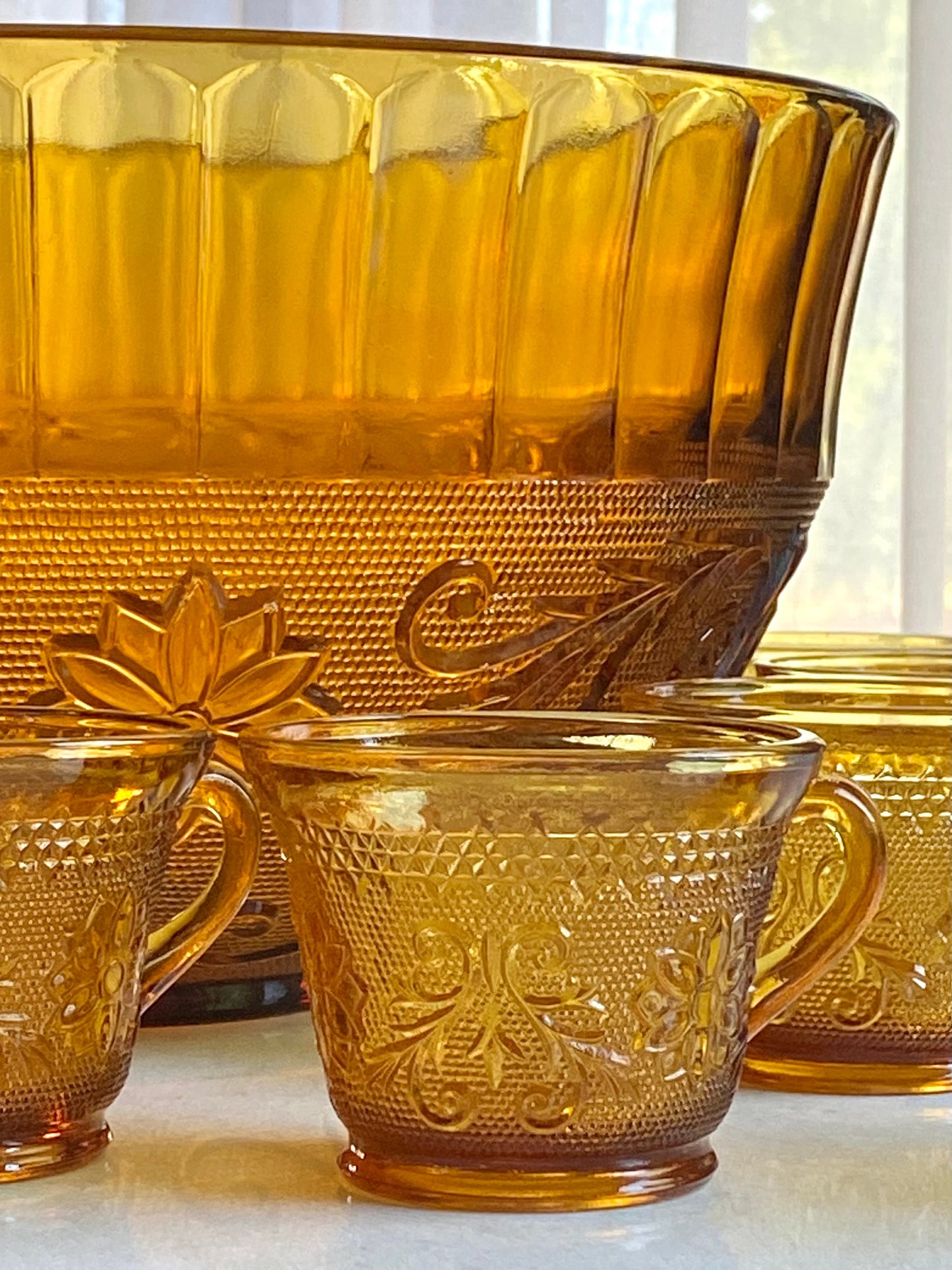 Vintage Indiana Glass Tiara Sandwich Chantilly Amber Punch Bowl and 12 Cups