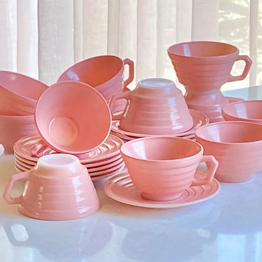 Vintage Hazel Atlas Moderntone Platonite Pastel Pink Cups and Saucers - 12 Sets Available