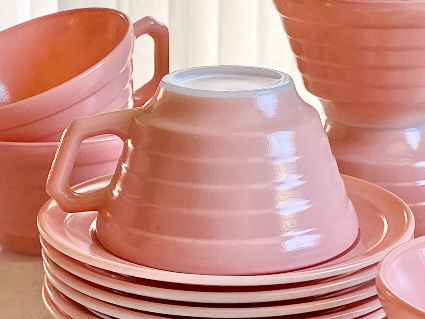 Vintage Hazel Atlas Moderntone Platonite Pastel Pink Cups and Saucers - 12 Sets Available