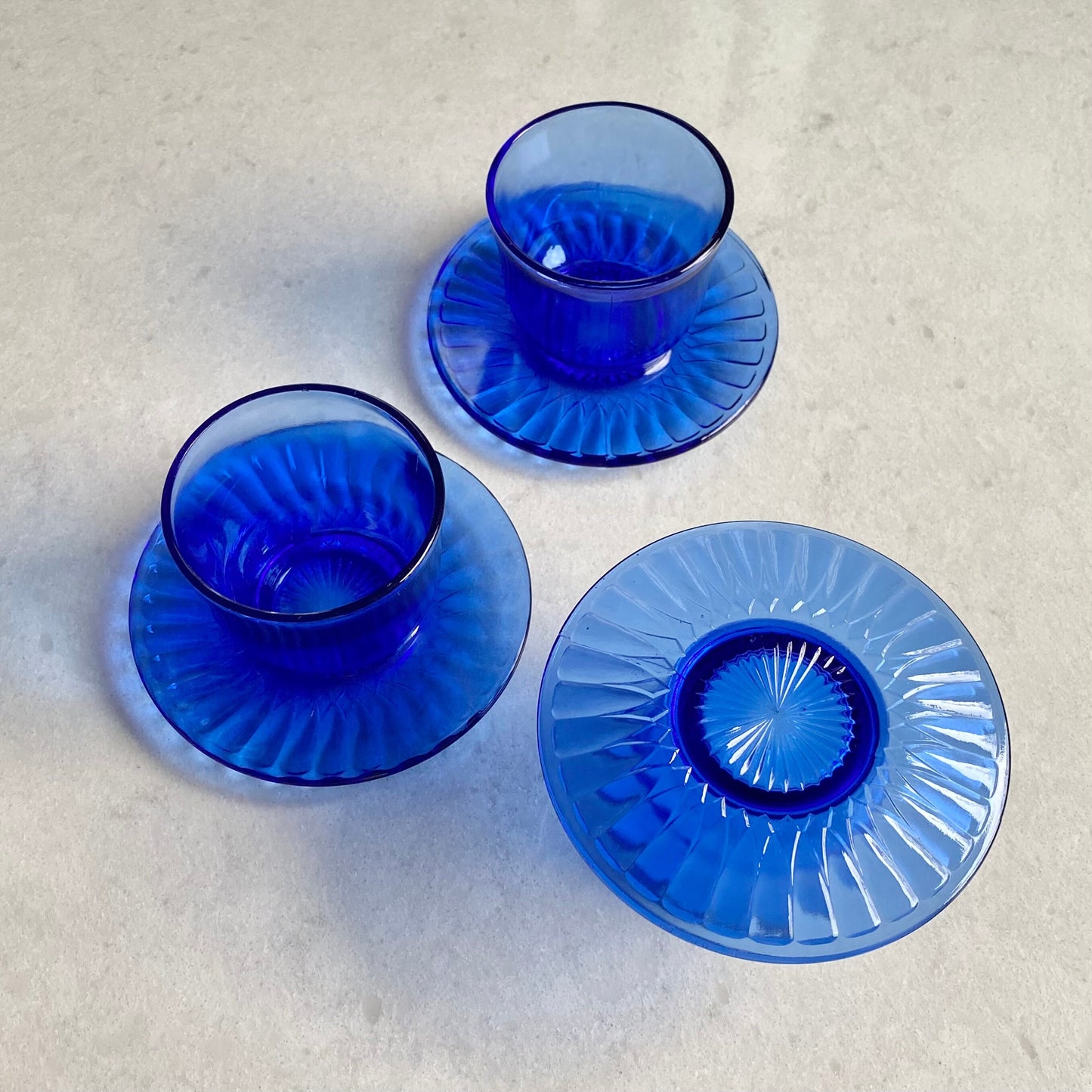 Vintage MacBeth Evans Petalware Blue Condiment Bowls with Attached Under Saucer - Set of 3