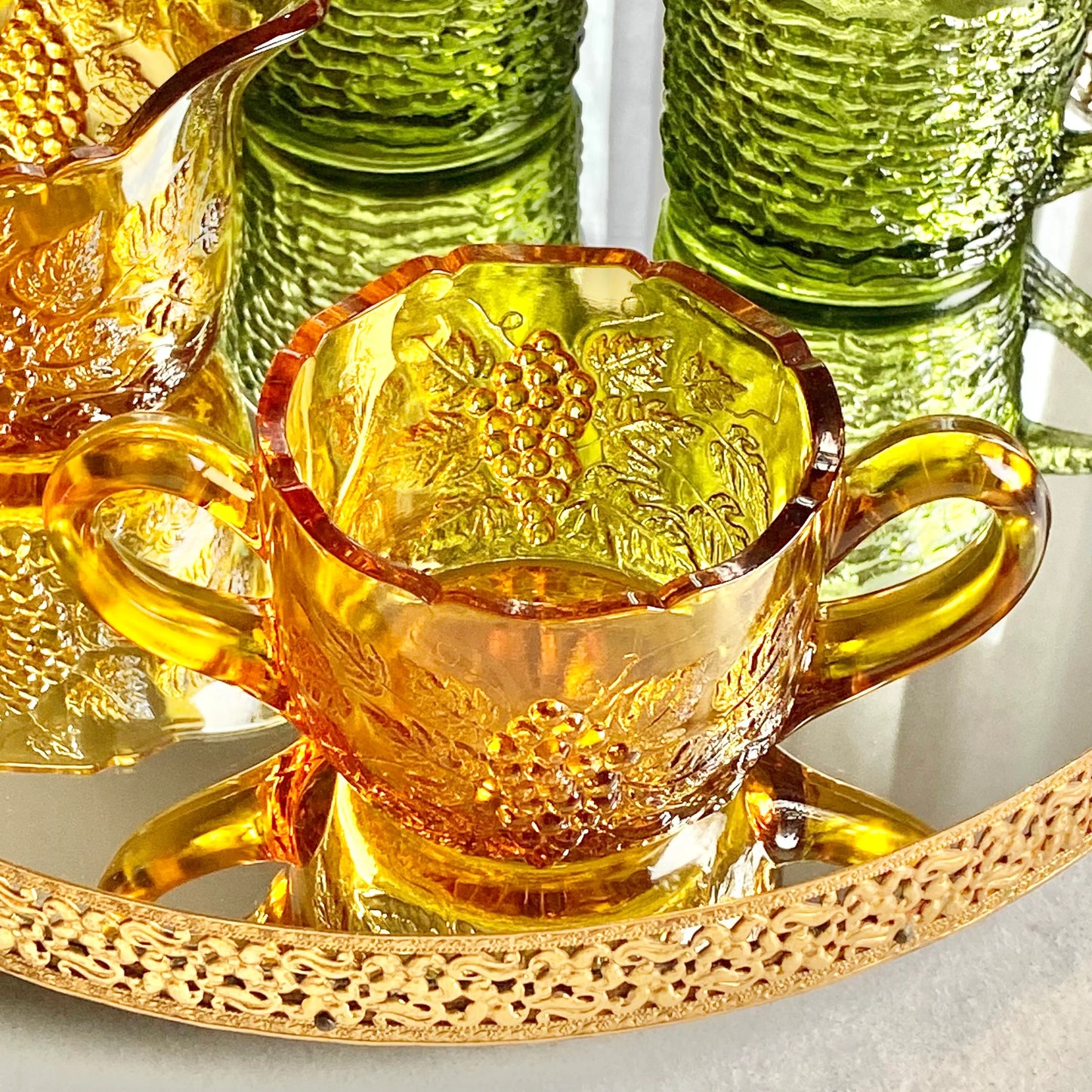 Vintage Smith Glass Amber Grapes and Leaves Sugar and Creamer Set