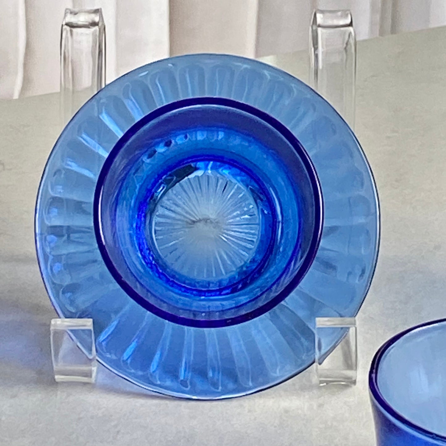 Vintage MacBeth Evans Petalware Blue Condiment Bowls with Attached Under Saucer - Set of 3