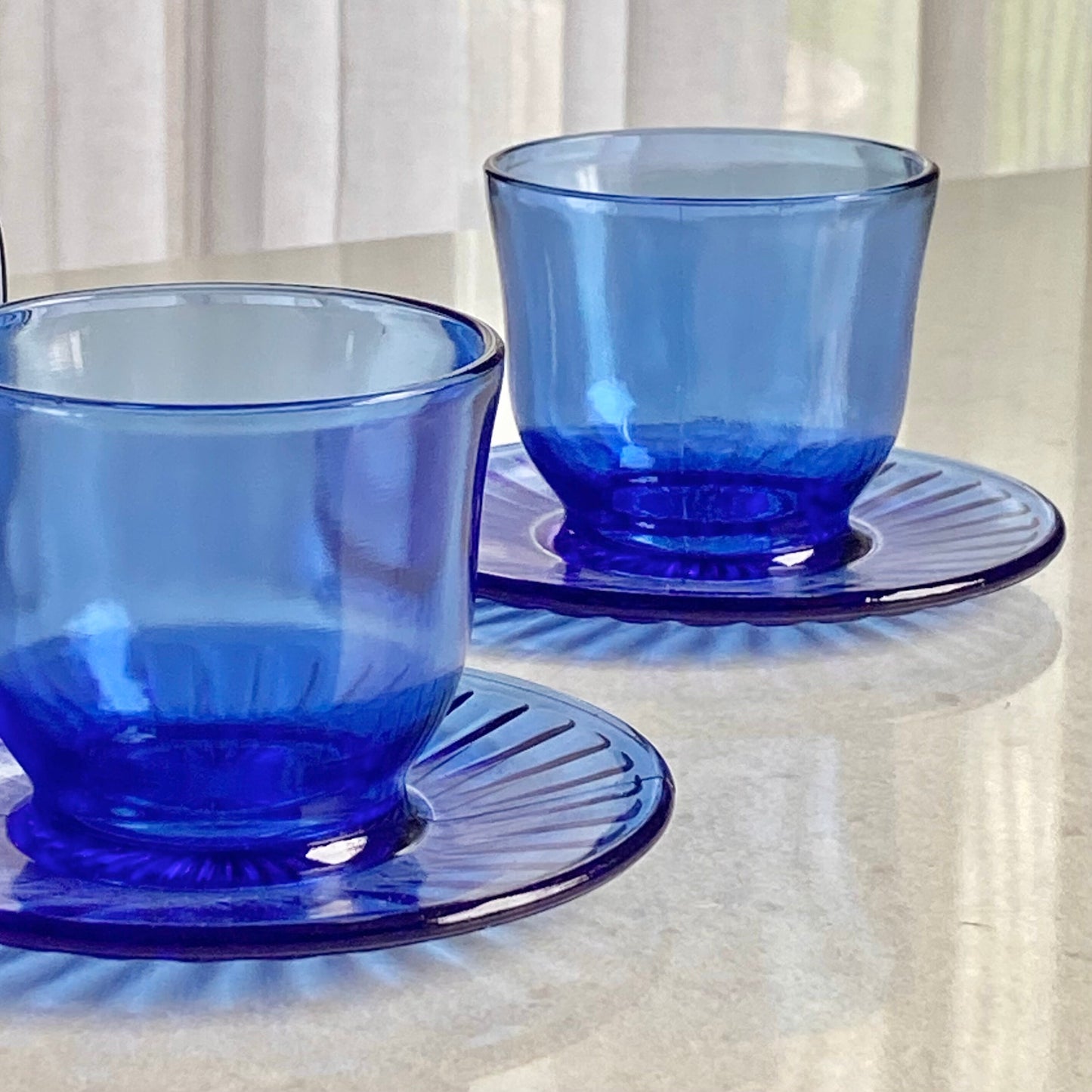 Vintage MacBeth Evans Petalware Blue Condiment Bowls with Attached Under Saucer - Set of 3