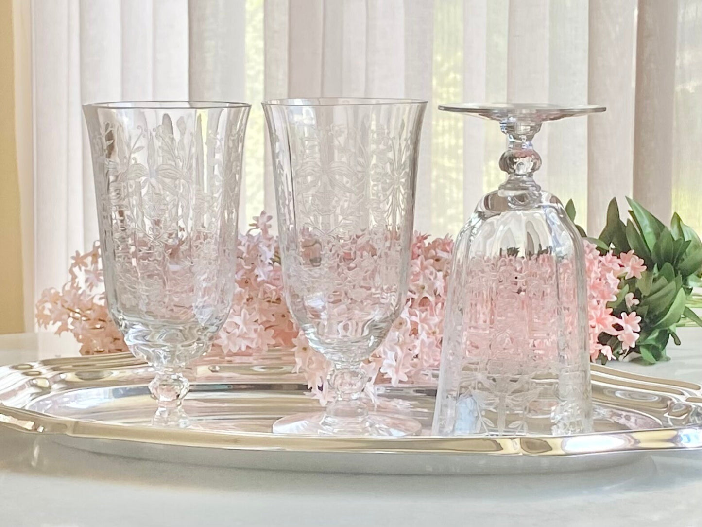 Vintage Heisey Orchid Etched Optic Ribbed Glasses - Set of 3