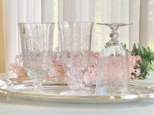Vintage Heisey Orchid Etched Optic Ribbed Glasses - Set of 3
