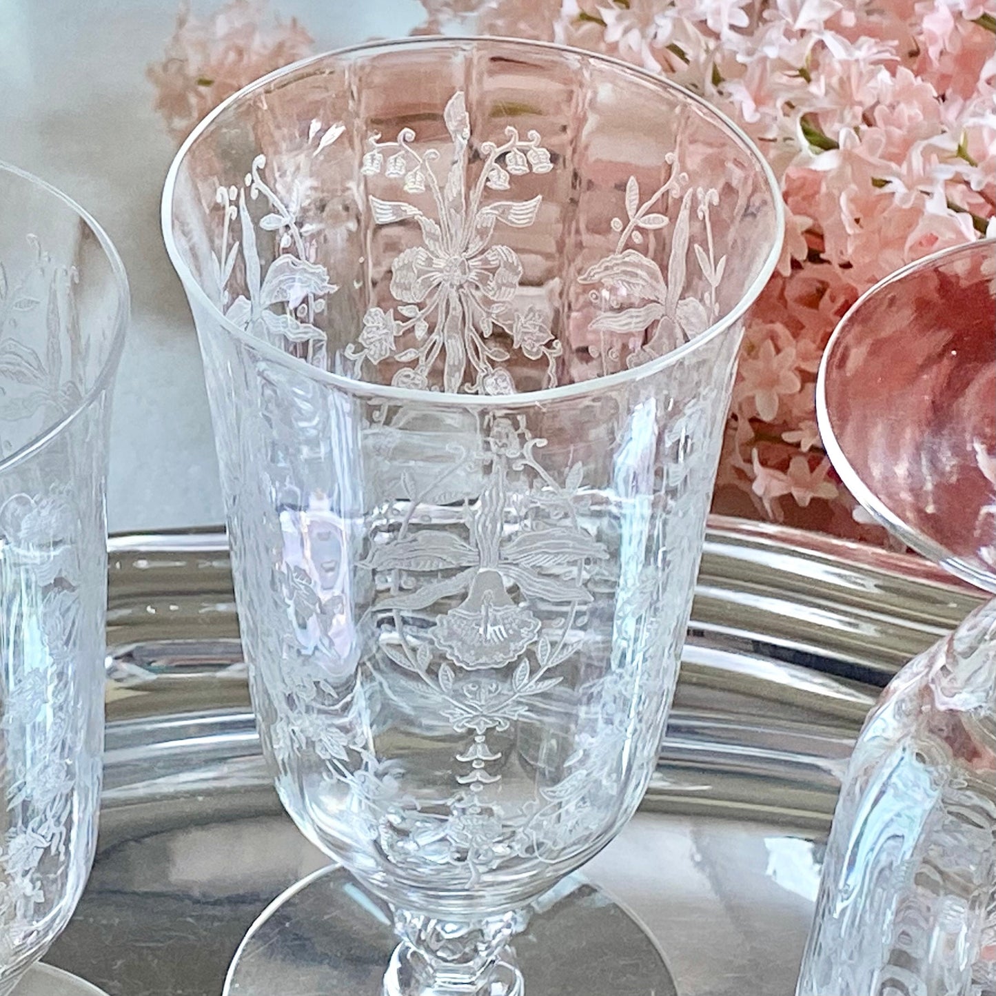 Vintage Heisey Orchid Etched Optic Ribbed Glasses - Set of 3