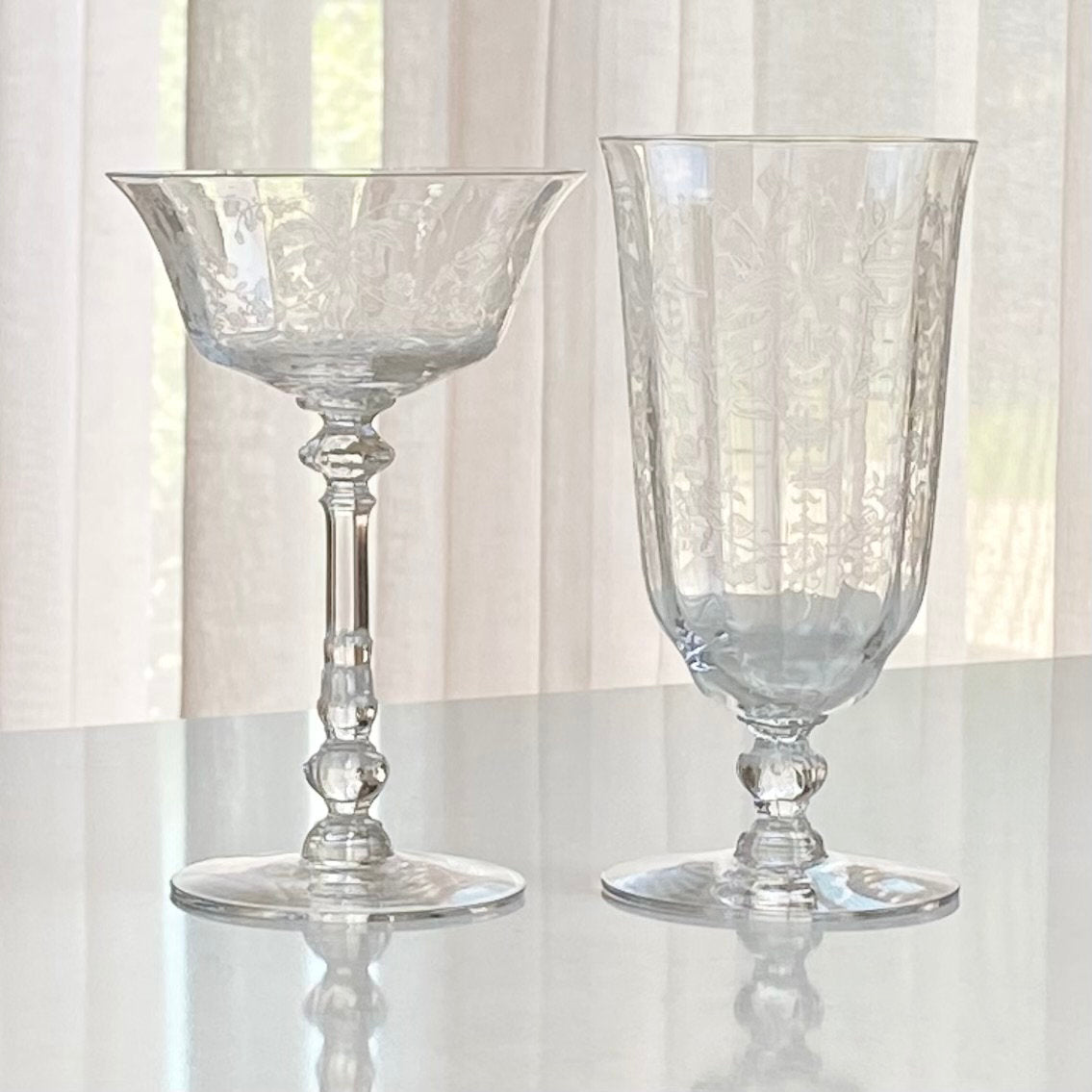 Vintage Heisey Orchid Etched Optic Ribbed Glasses - Set of 3