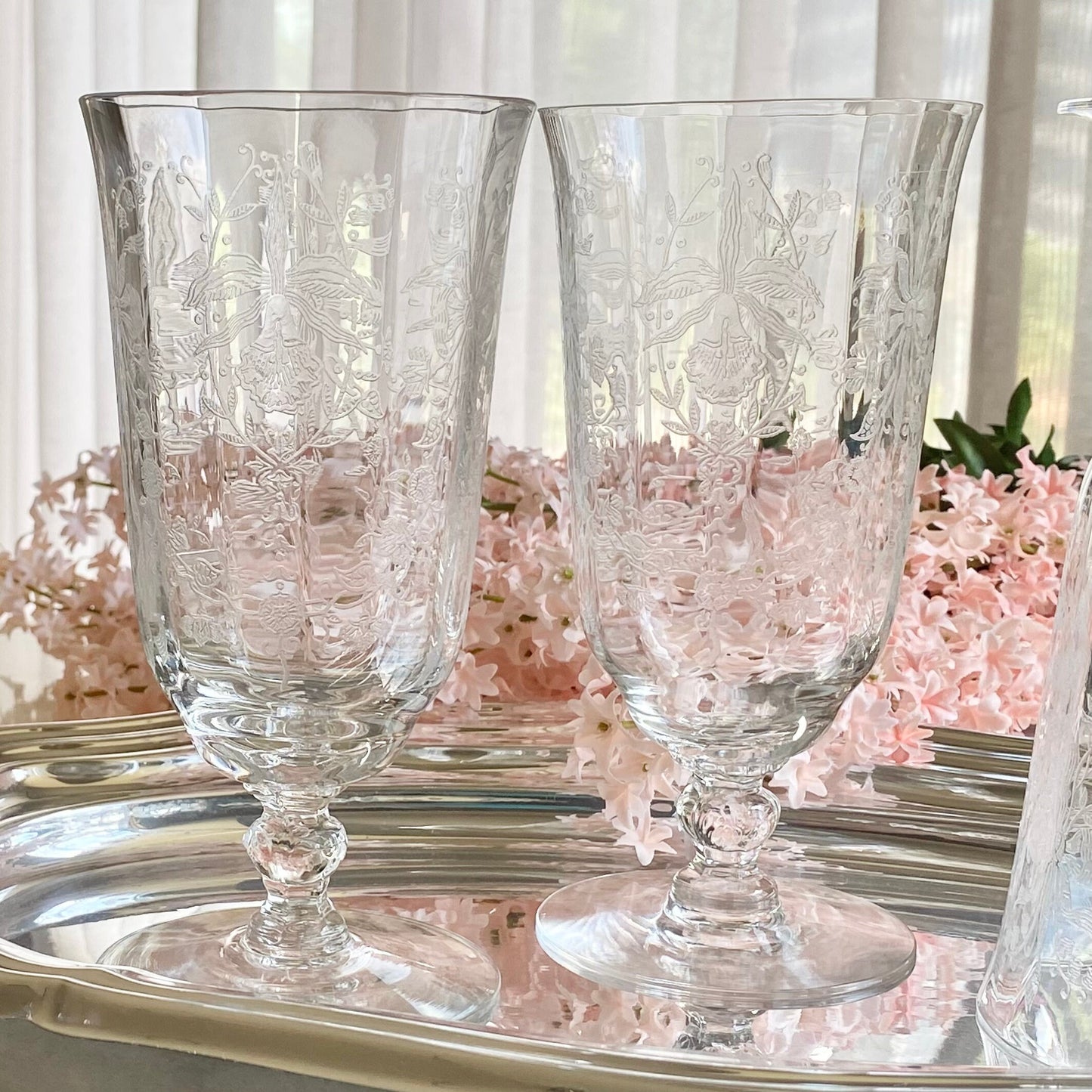Vintage Heisey Orchid Etched Optic Ribbed Glasses - Set of 3