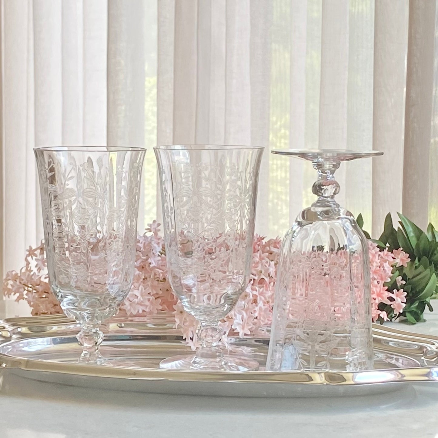 Vintage Heisey Orchid Etched Optic Ribbed Glasses - Set of 3