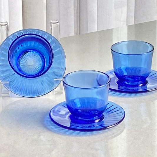 Vintage MacBeth Evans Petalware Blue Condiment Bowls with Attached Under Saucer - Set of 3