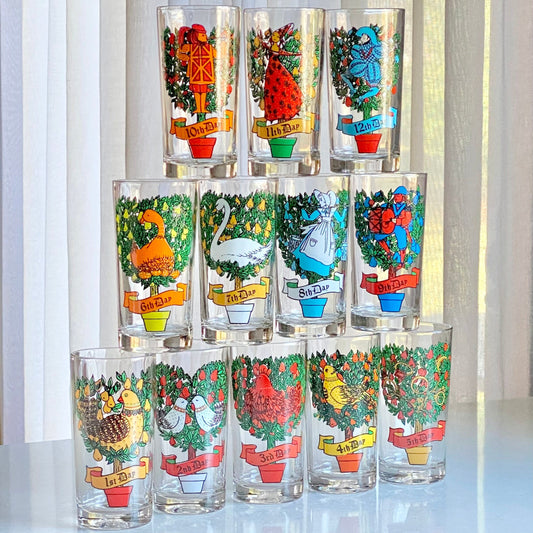 Vintage Twelve Days of Christmas Tumblers by Indiana Glass - Complete Set of 12