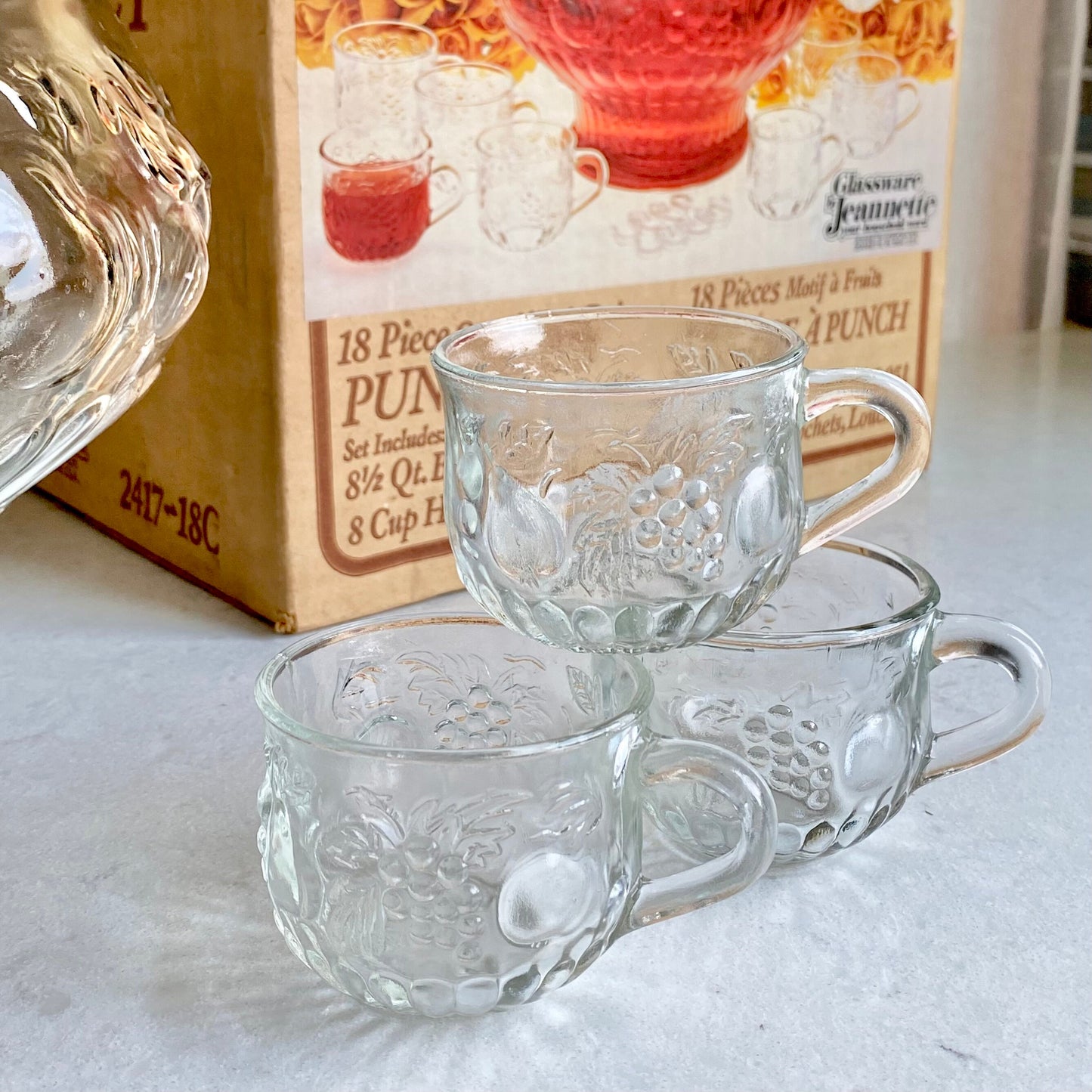 Vintage Jeannette Glass Fruit Motif Punch Set with Cups, Hooks and Ladle