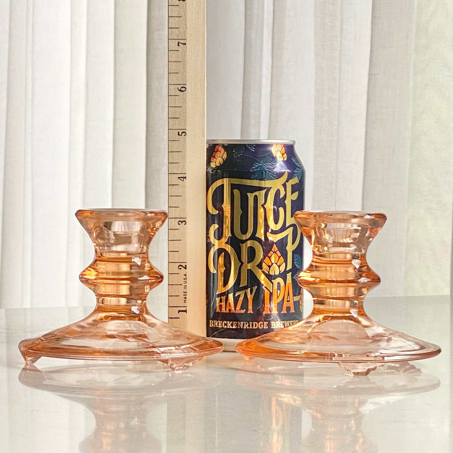 Vintage Amber Etched Tri-Toe Candle Holders - Set of 2