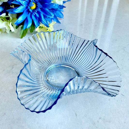 Vintage Blue Fluted Folded Mermaid Tail Glass Bowl