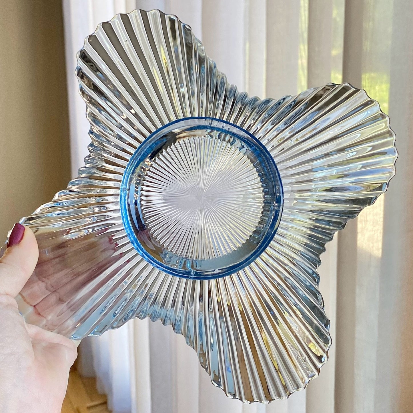 Vintage Blue Fluted Folded Mermaid Tail Glass Bowl