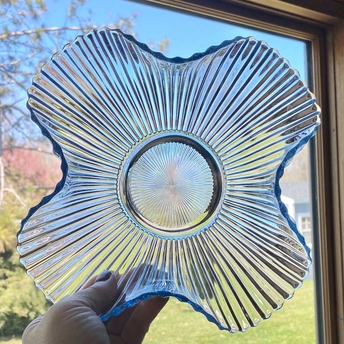 Vintage Blue Fluted Folded Mermaid Tail Glass Bowl