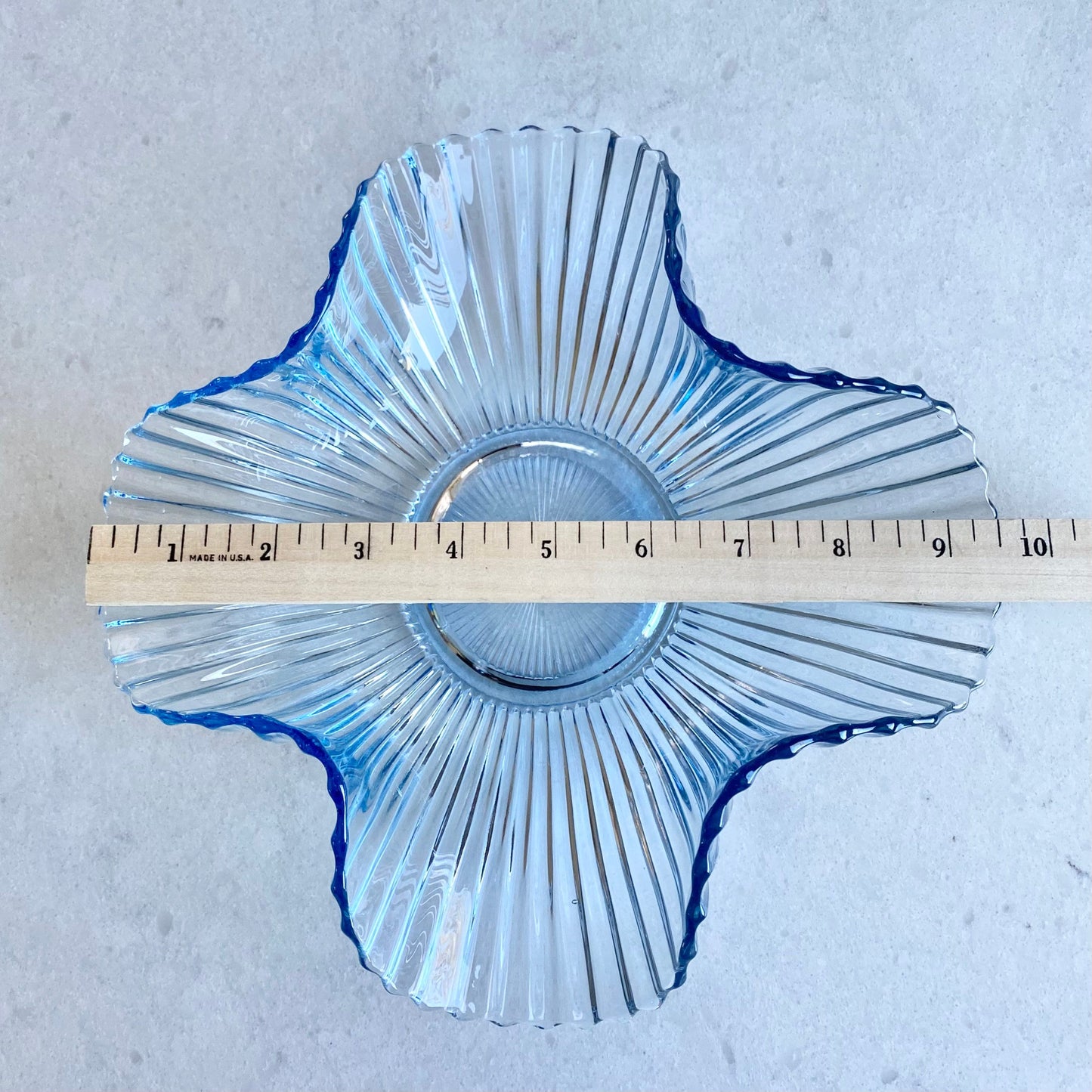 Vintage Blue Fluted Folded Mermaid Tail Glass Bowl