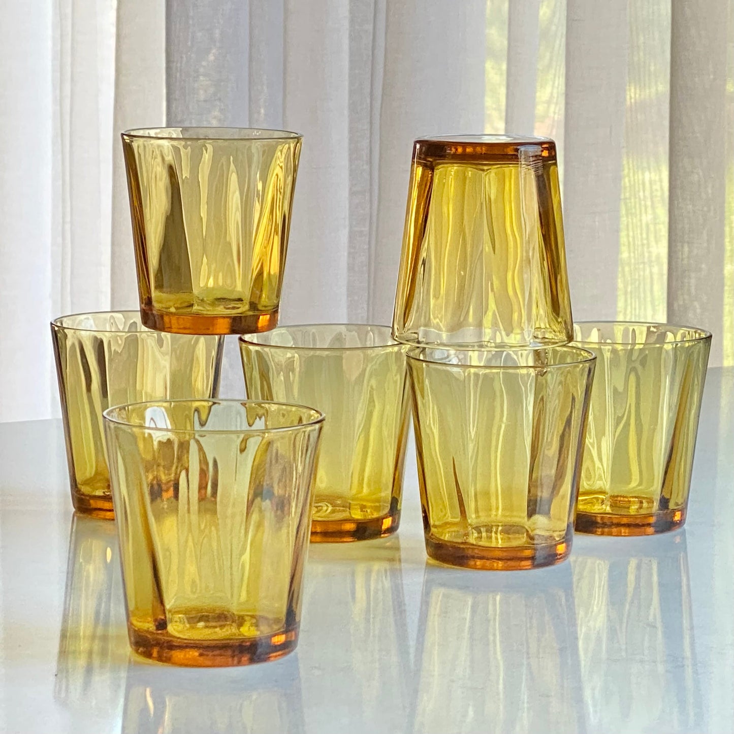 Vintage Hazel Atlas Optic Panel Amber Glasses - Set of 7