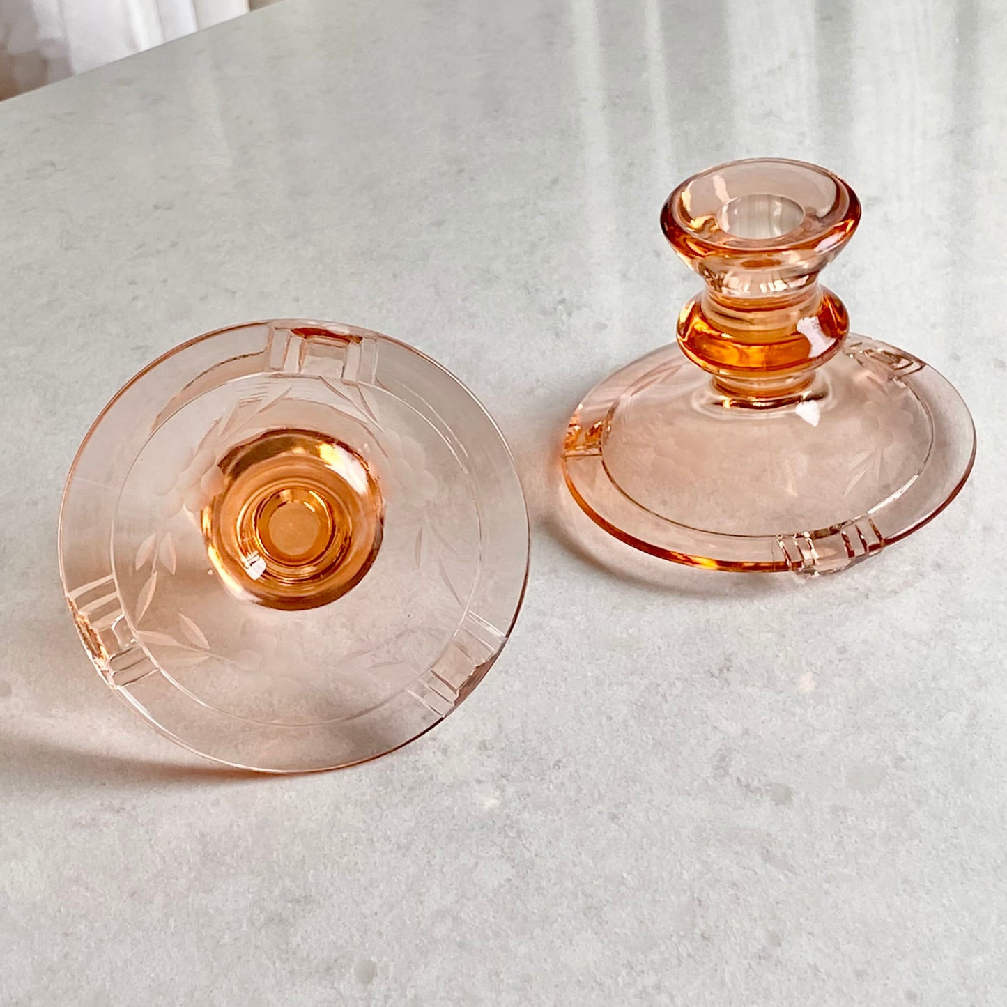 Vintage Amber Etched Tri-Toe Candle Holders - Set of 2