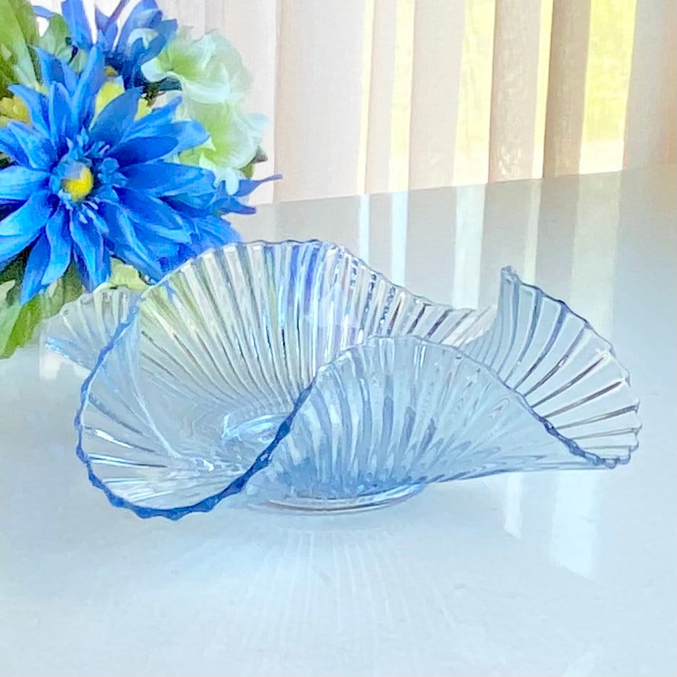 Vintage Blue Fluted Folded Mermaid Tail Glass Bowl