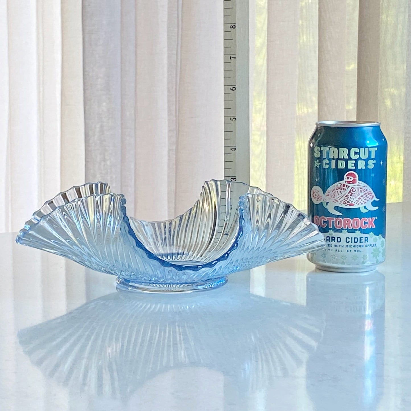 Vintage Blue Fluted Folded Mermaid Tail Glass Bowl