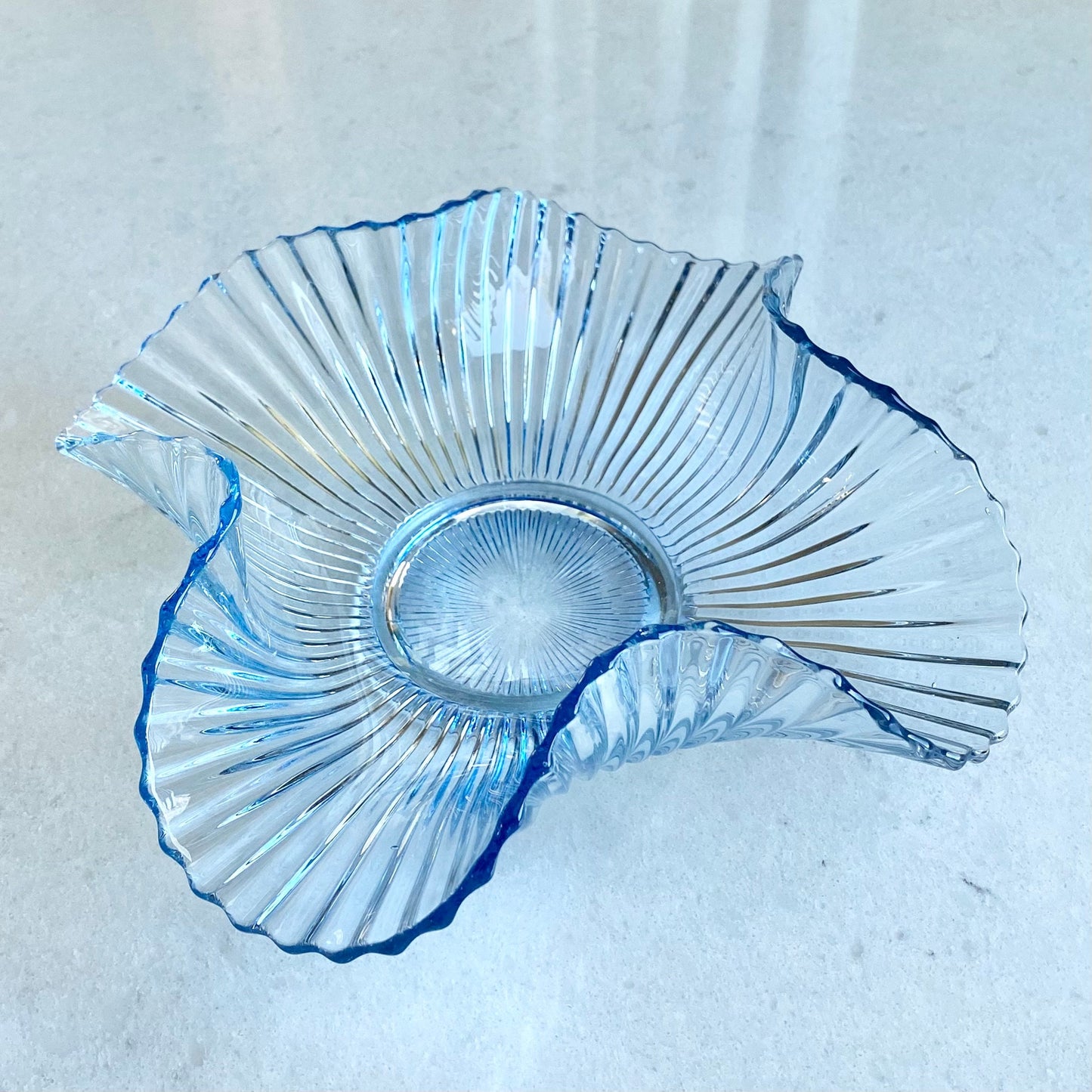 Vintage Blue Fluted Folded Mermaid Tail Glass Bowl