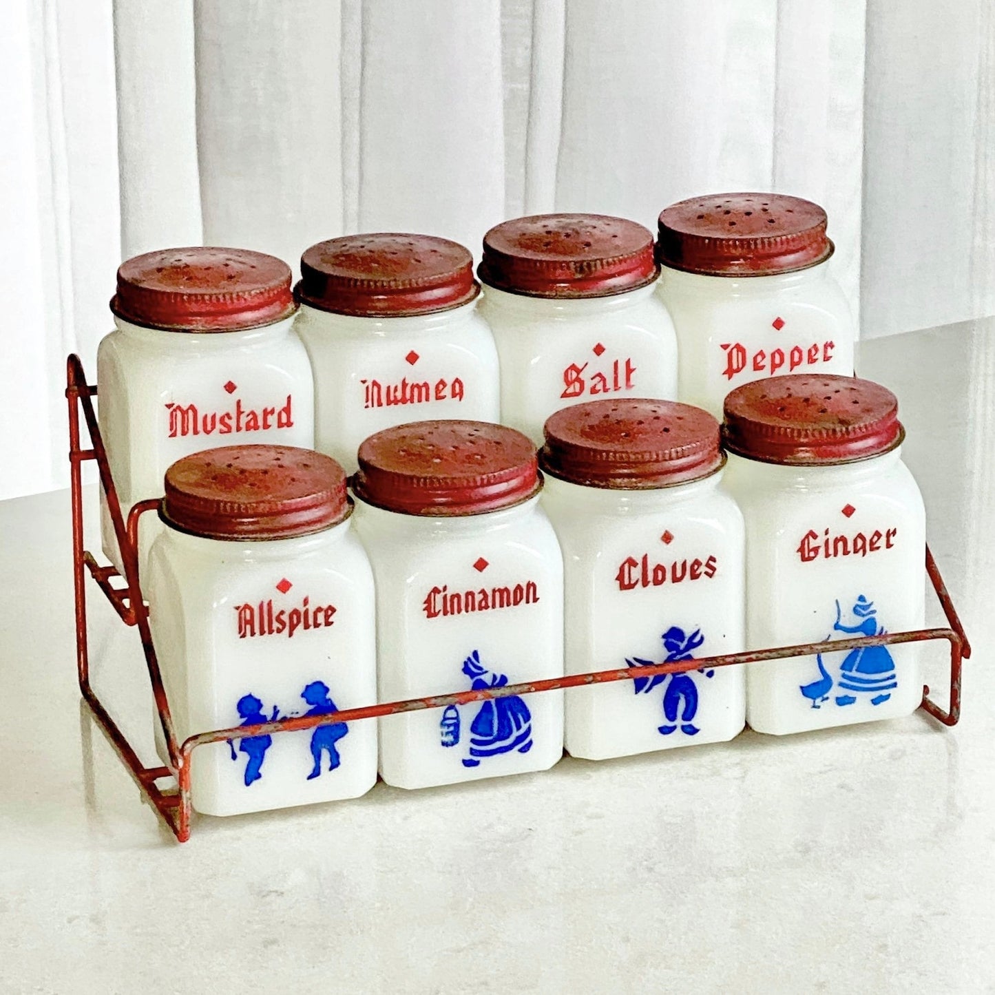 Vintage Dove Spice Jars and Rack made by the Frank Tea & Spice Co. (circa 1930s)