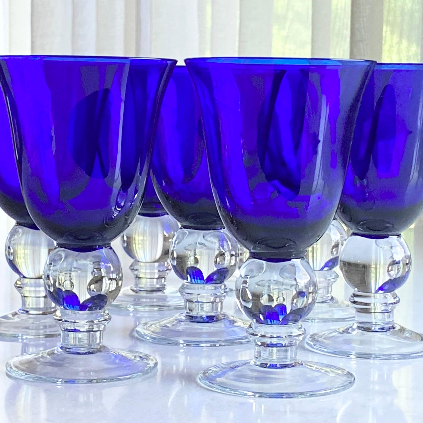 Vintage Cobalt Blue Ball Stem Glasses - Set of 6