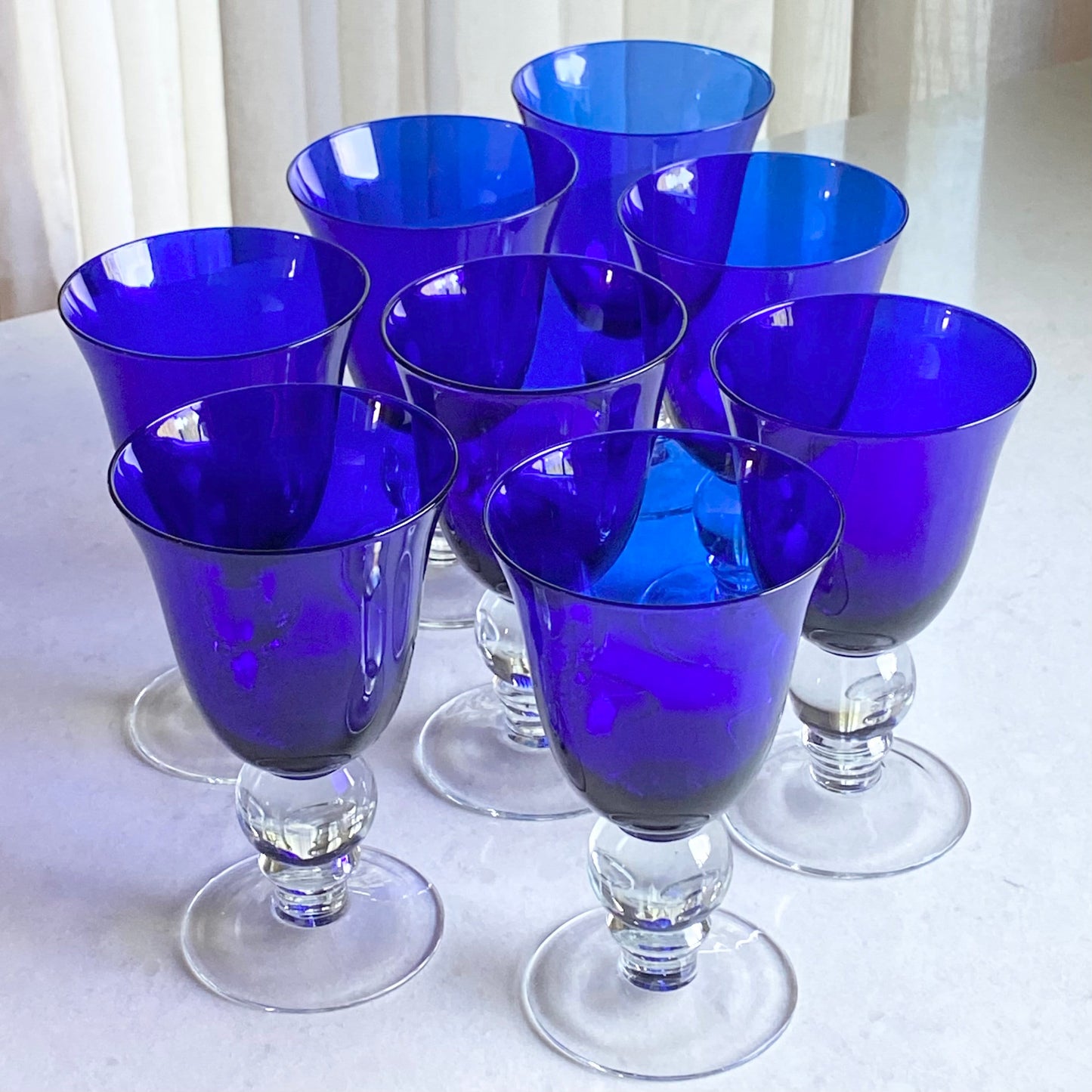 Vintage Cobalt Blue Ball Stem Glasses - Set of 6