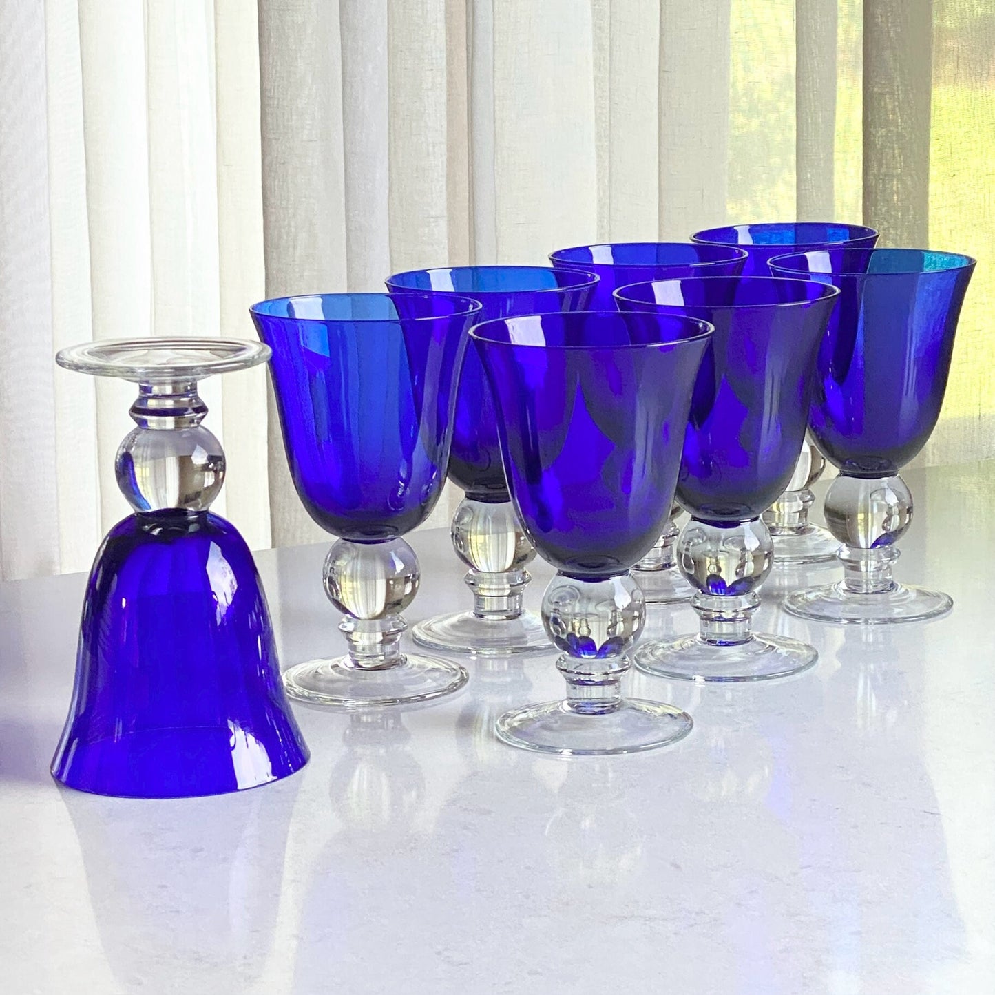 Vintage Cobalt Blue Ball Stem Glasses - Set of 6