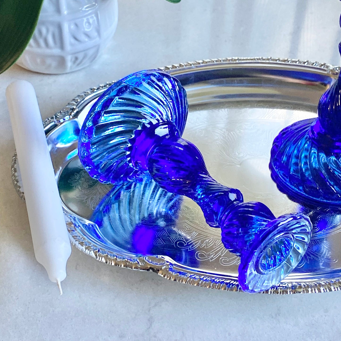 Vintage Cobalt Blue Swirl Candle Holders - Set of 2