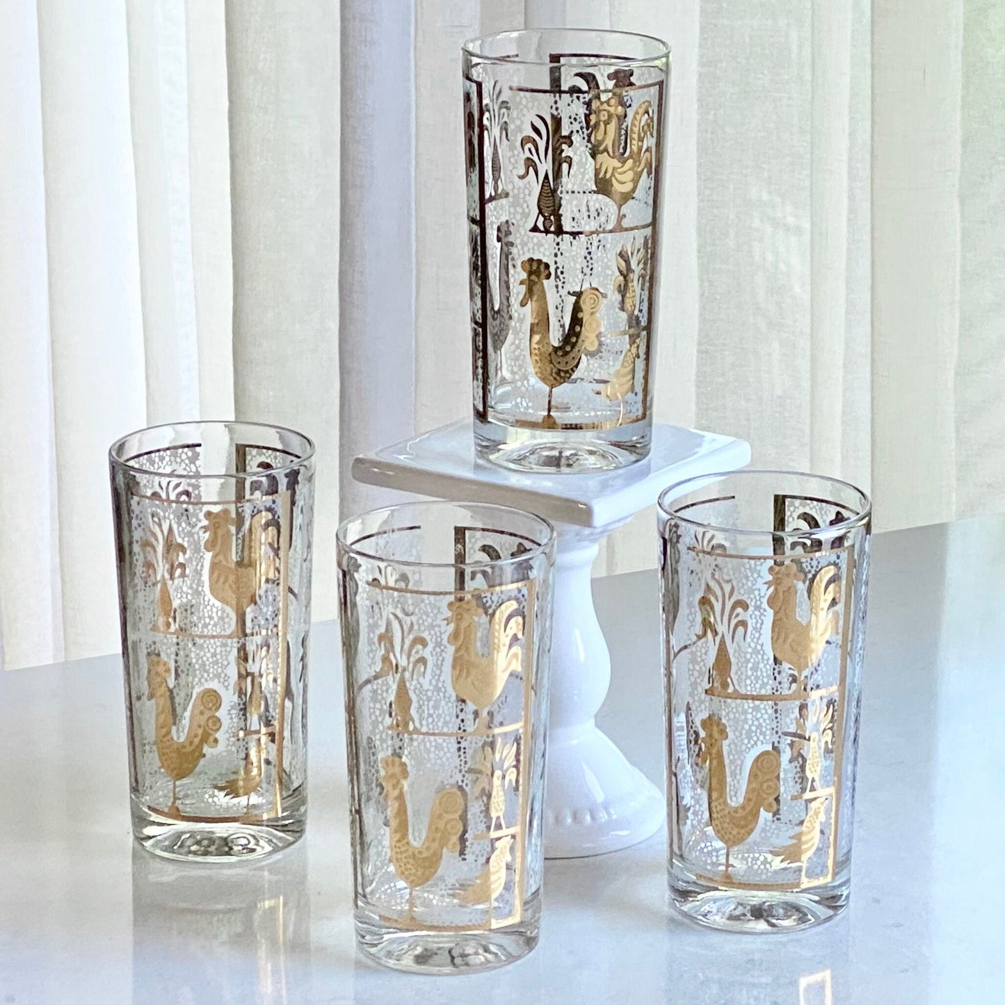 Vintage Gold Chicken and Rooster Highball Glasses - Set of 4