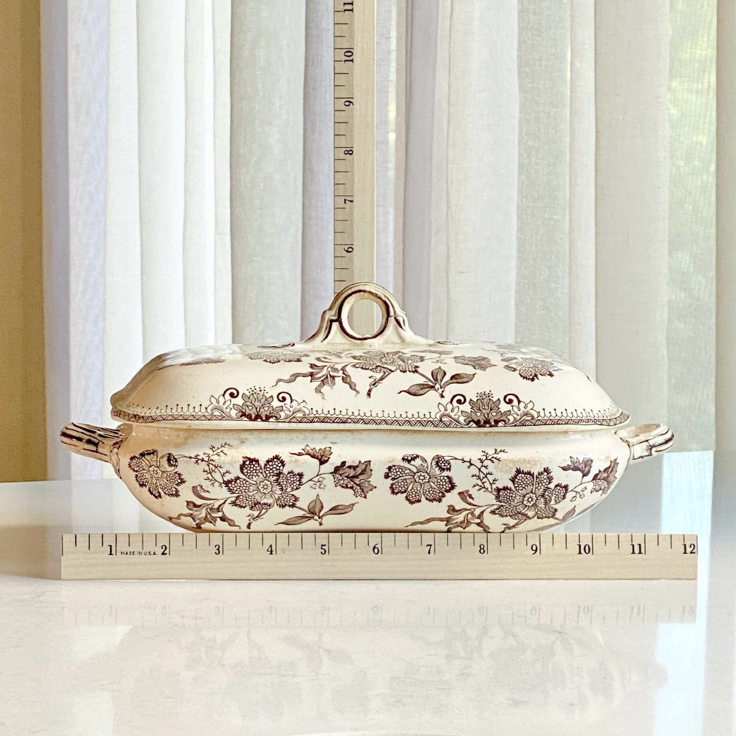 Vintage J.F. Wileman Chinese Brown Plant 16 Inch Transferware Covered Casserole Dish  (circa 1866 - 1872)