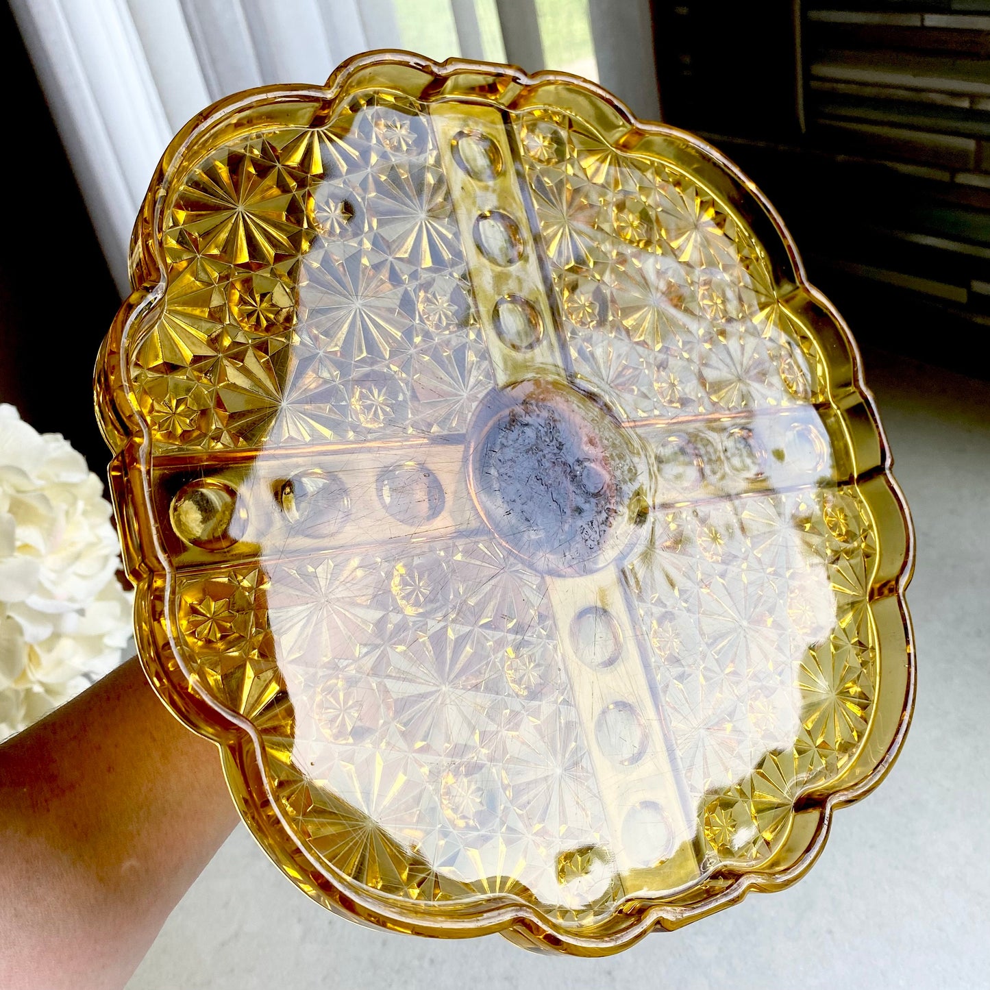 Vintage Adams & Co. Daisy and Button Amber Cake Stand (circa 1890)