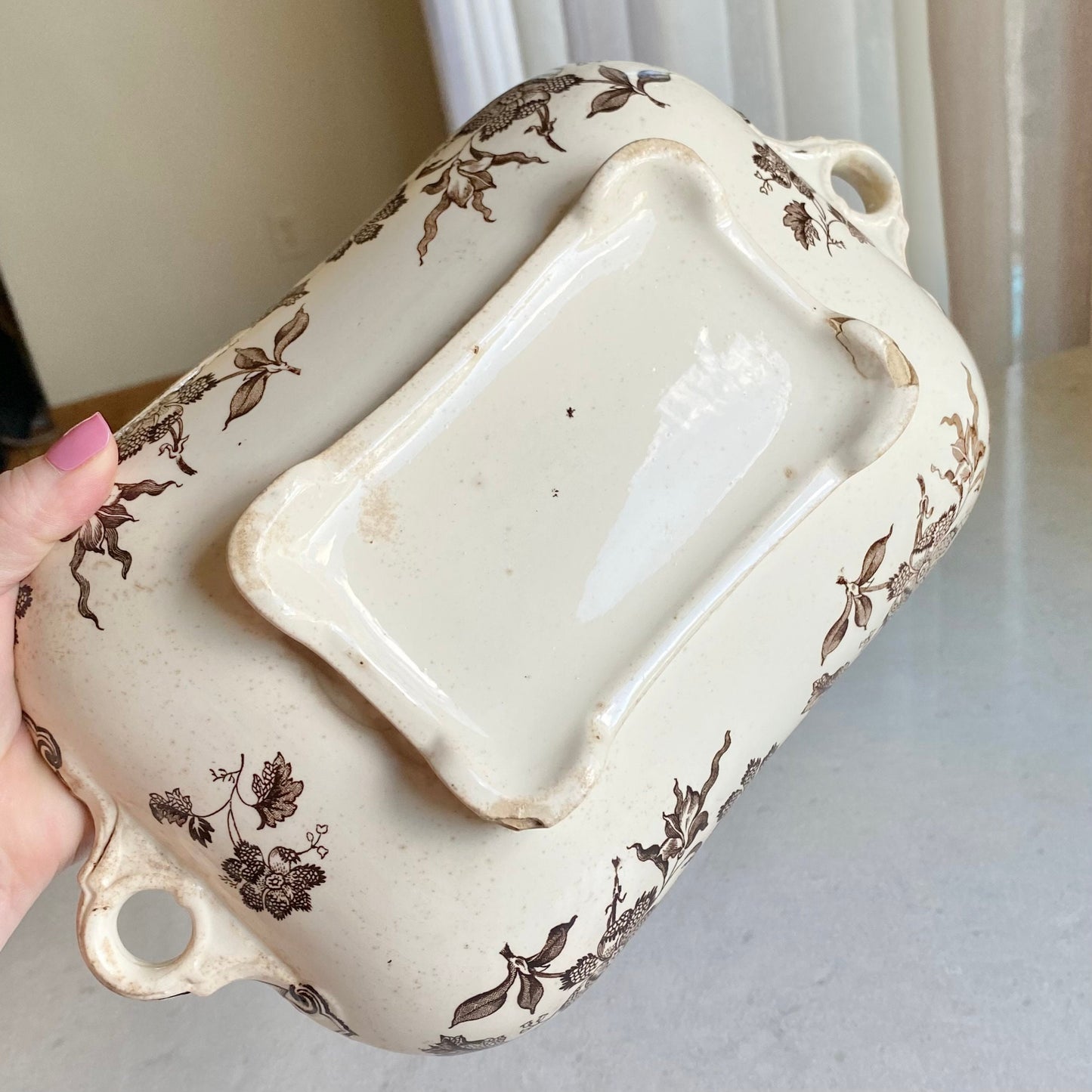 Vintage J.F. Wileman Chinese Brown Plant 16 Inch Transferware Covered Casserole Dish  (circa 1866 - 1872)