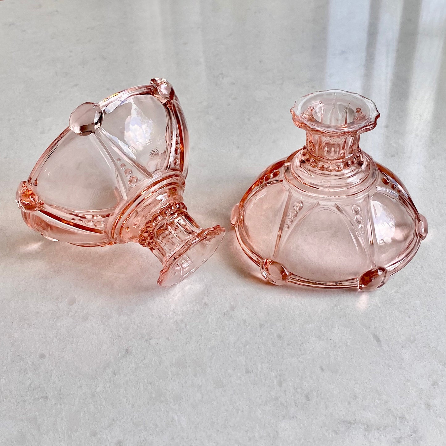 Vintage Anchor Hocking Pink Oyster and Pearl Candle Holders (circa 1938 - 1940) - Set of 2