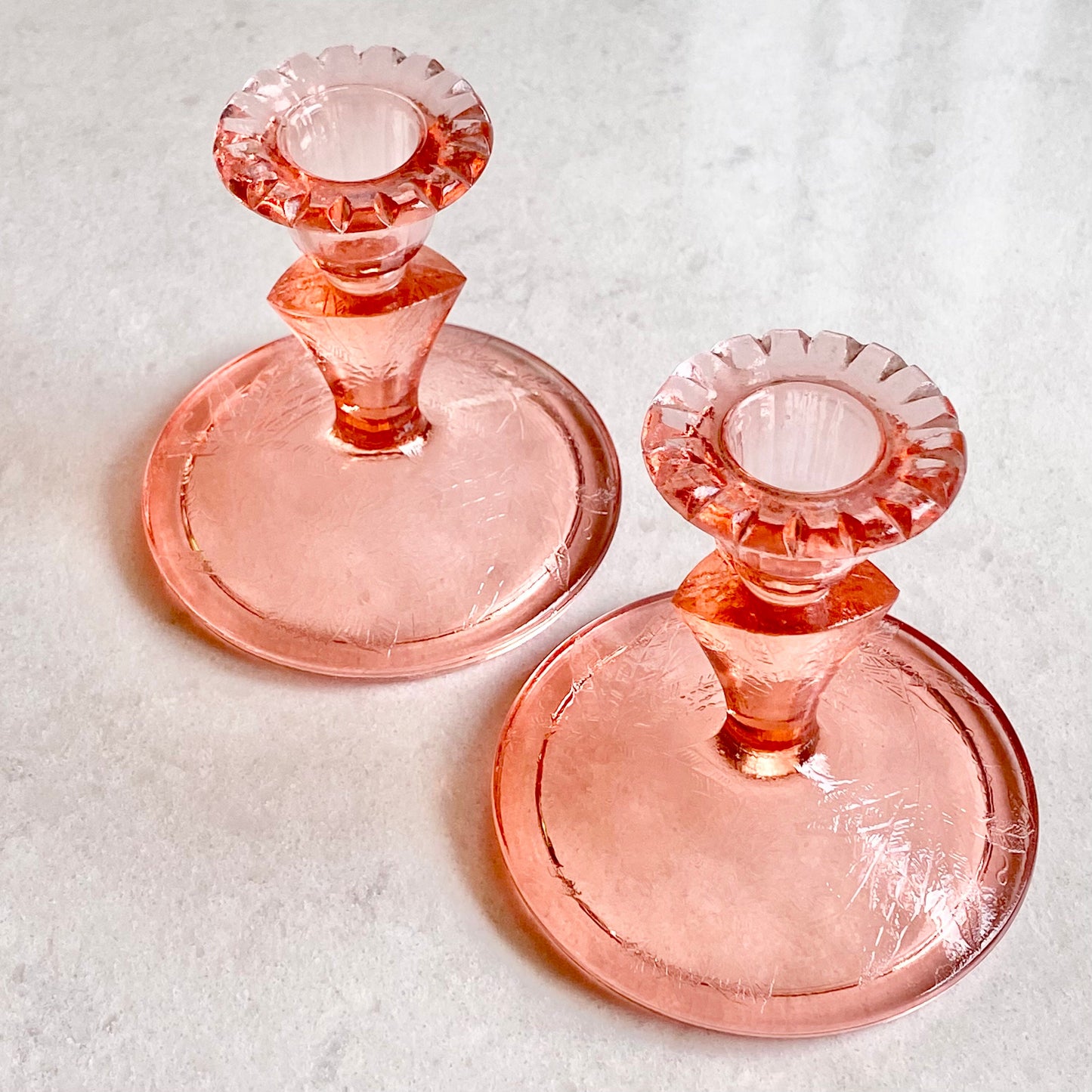 Vintage Jeannette Glass Floral Poinsettia Etched Candle Holders (circa 1932 - 1935) - Set of 2