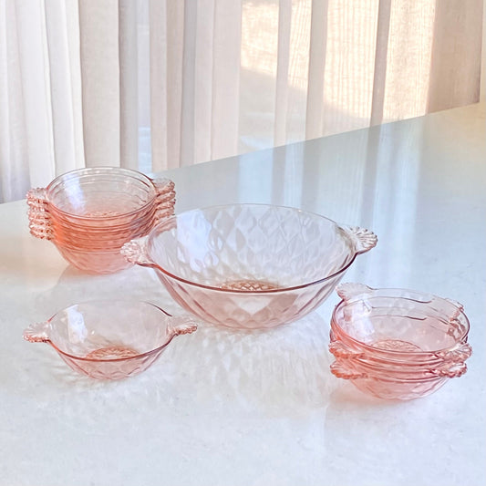 Vintage Anchor Hocking Pink Diamond Pattern Bowls - 12 Piece Set