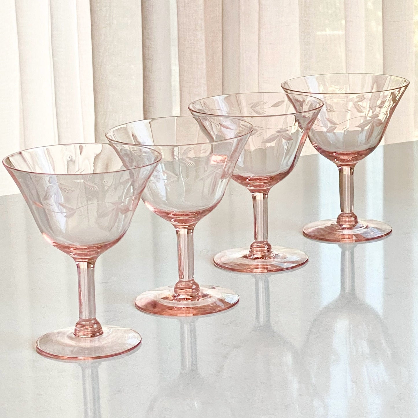 Vintage Pink Etched Optic Panel Glasses - Set of 4