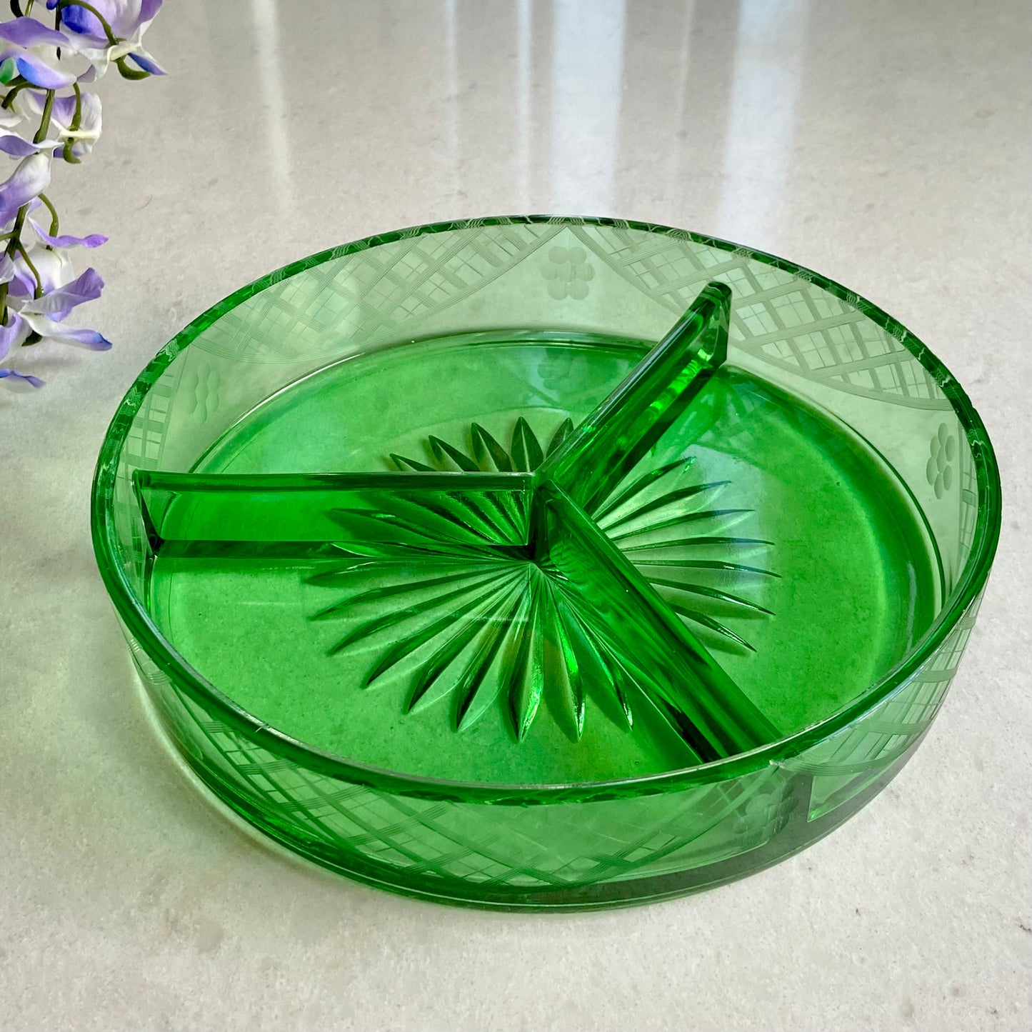 Vintage Uranium Glass Green Etched Three Part Dish