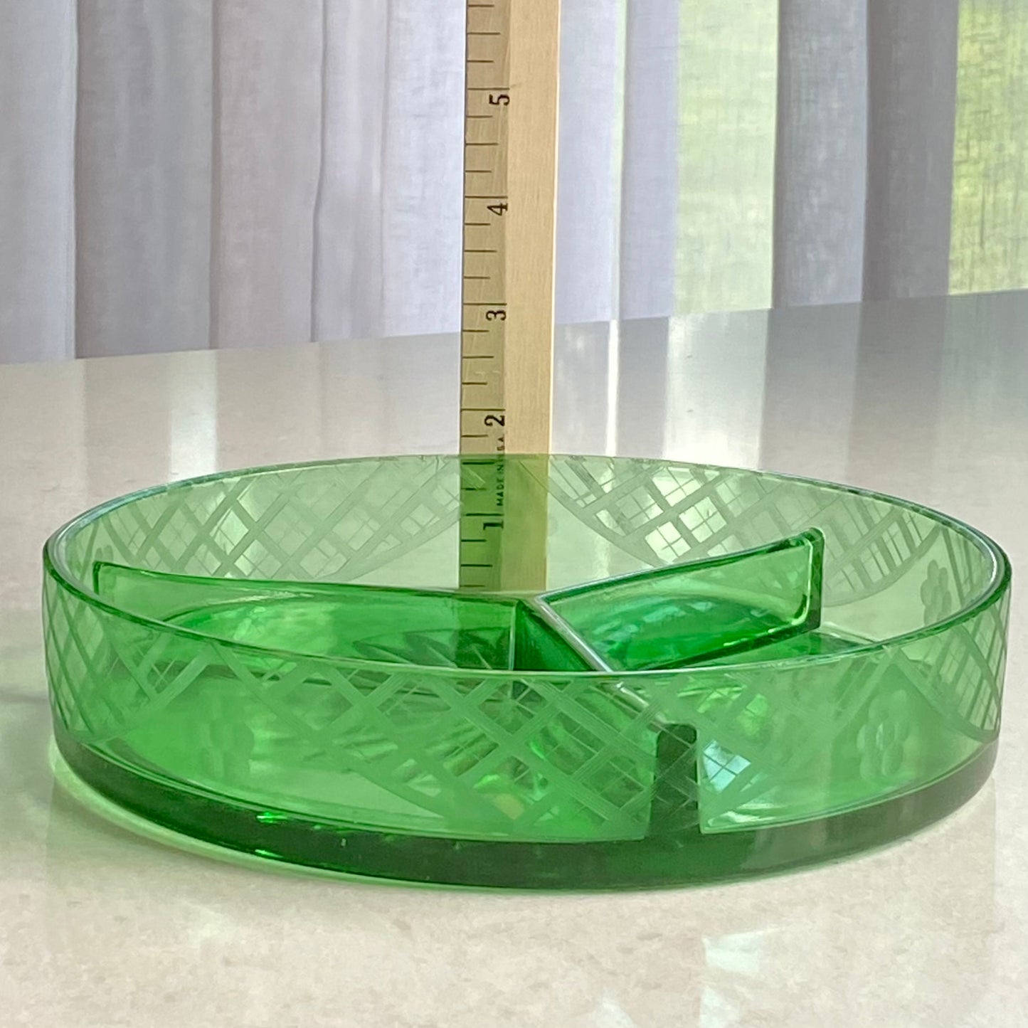 Vintage Uranium Glass Green Etched Three Part Dish