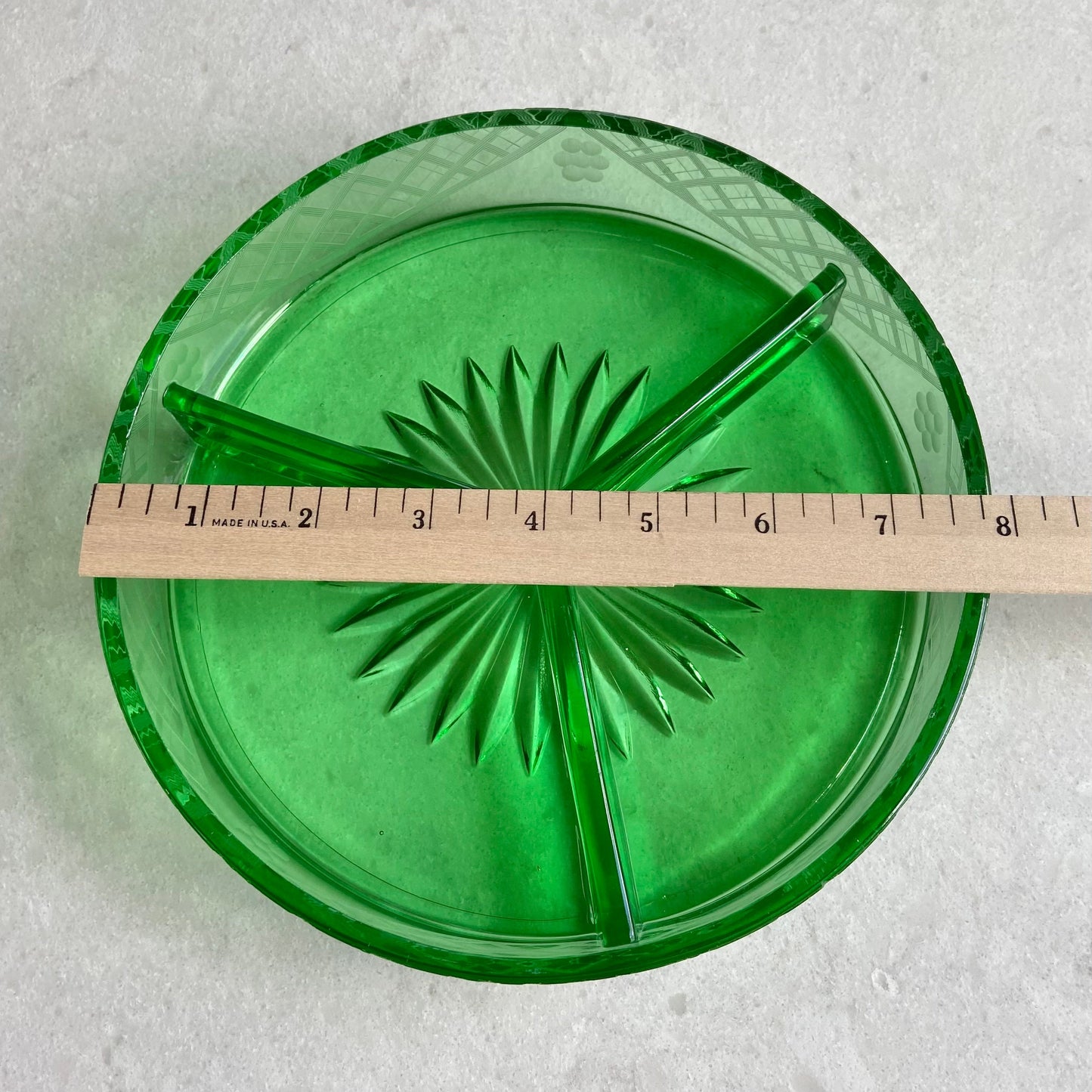 Vintage Uranium Glass Green Etched Three Part Dish