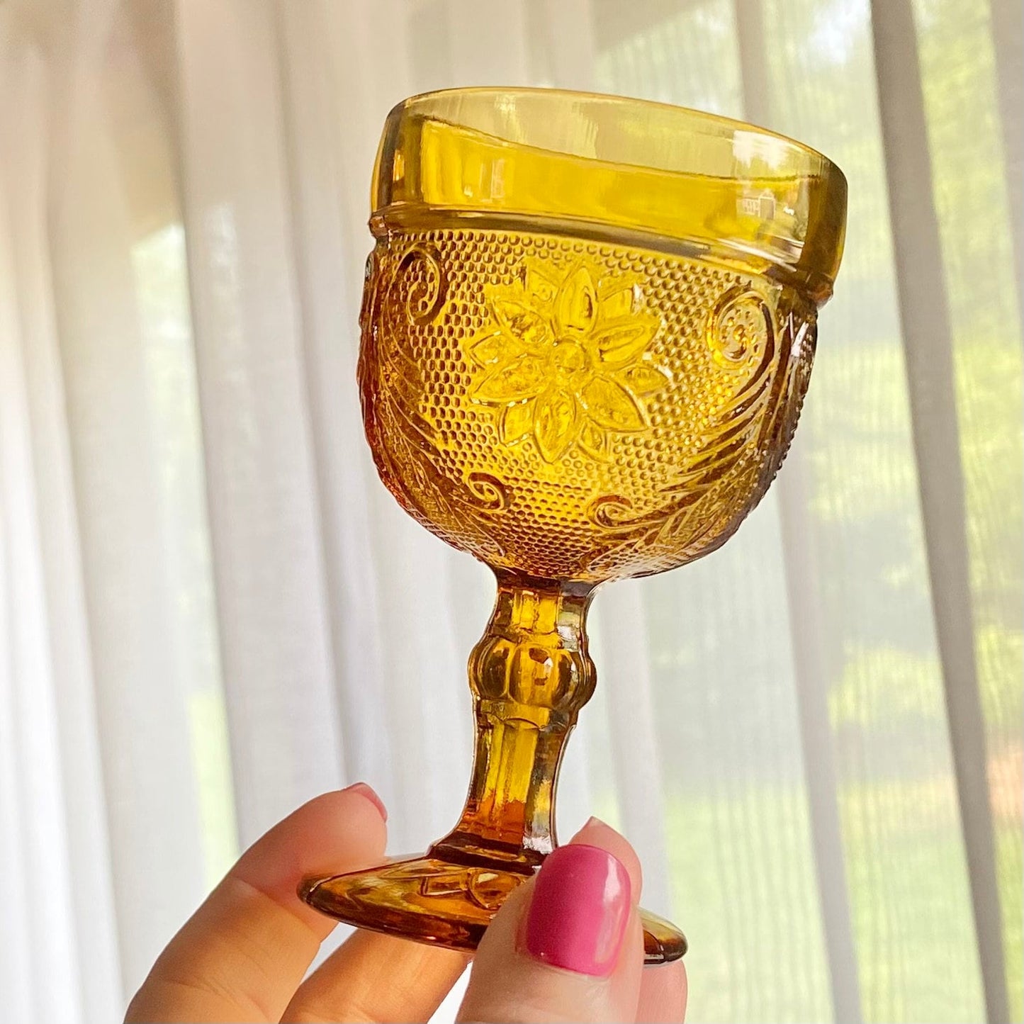 Vintage Indiana Glass Tiara Sandwich Chantilly Amber Decanter Set with Tray and Eight Glasses (circa 1971 - 1989)