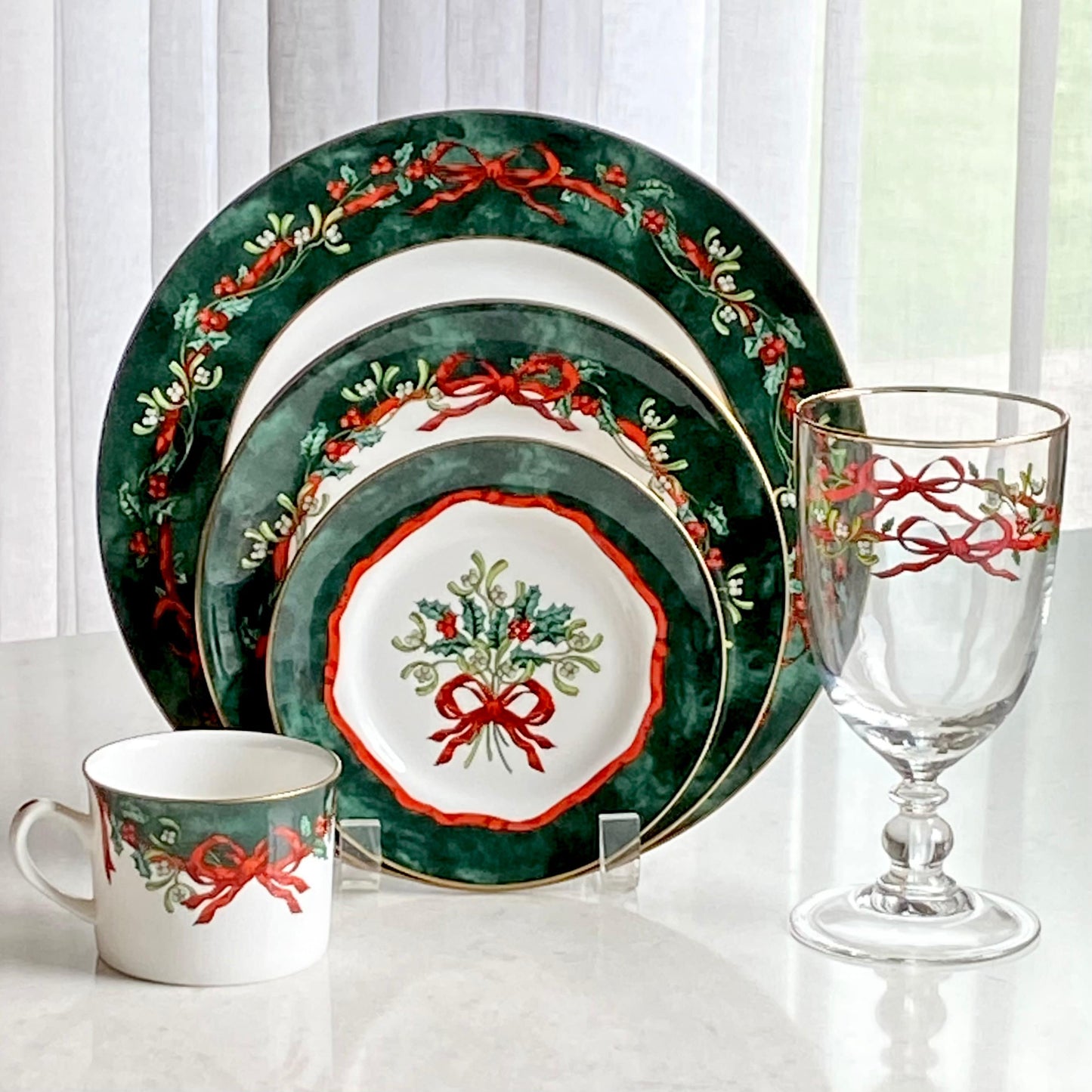 Vintage Royal Worcester Holly Ribbons Gold Rimmed Green Dishes (circa 2001 - 2004) - Service for 4