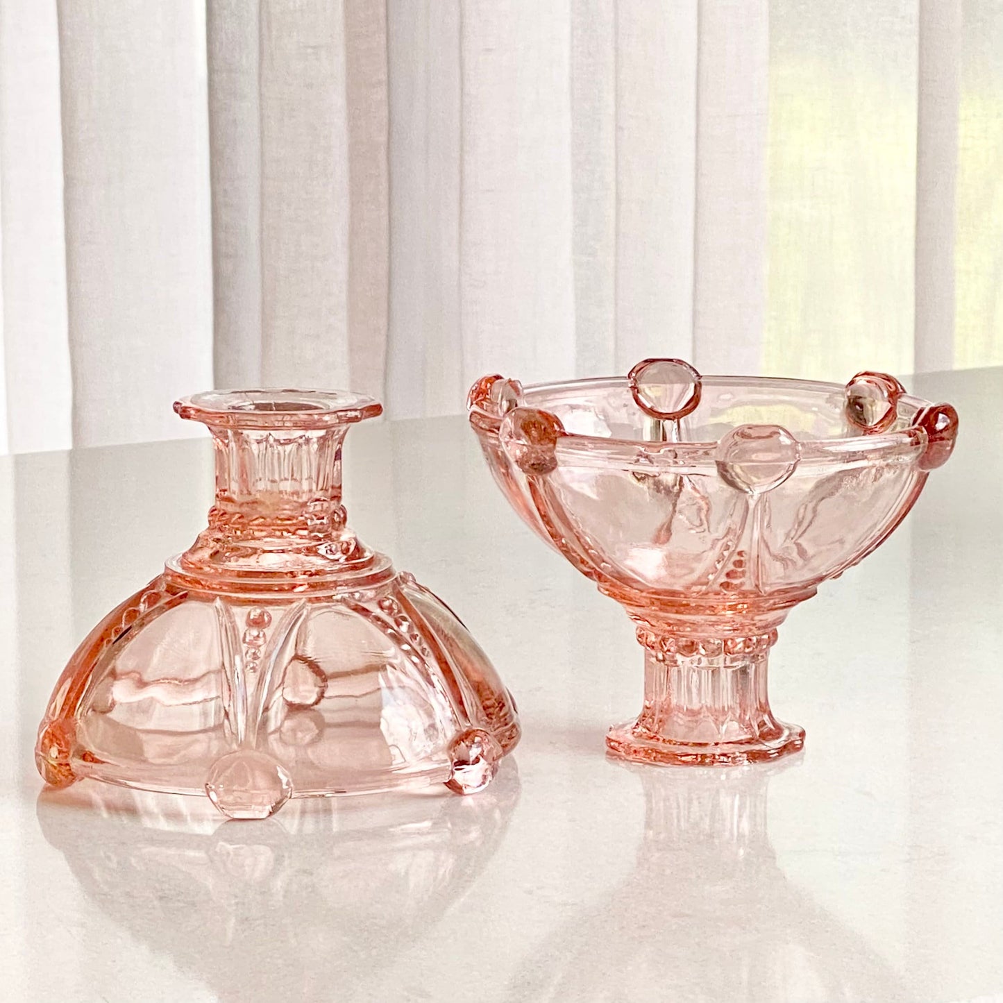 Vintage Anchor Hocking Pink Oyster and Pearl Candle Holders (circa 1938 - 1940) - Set of 2