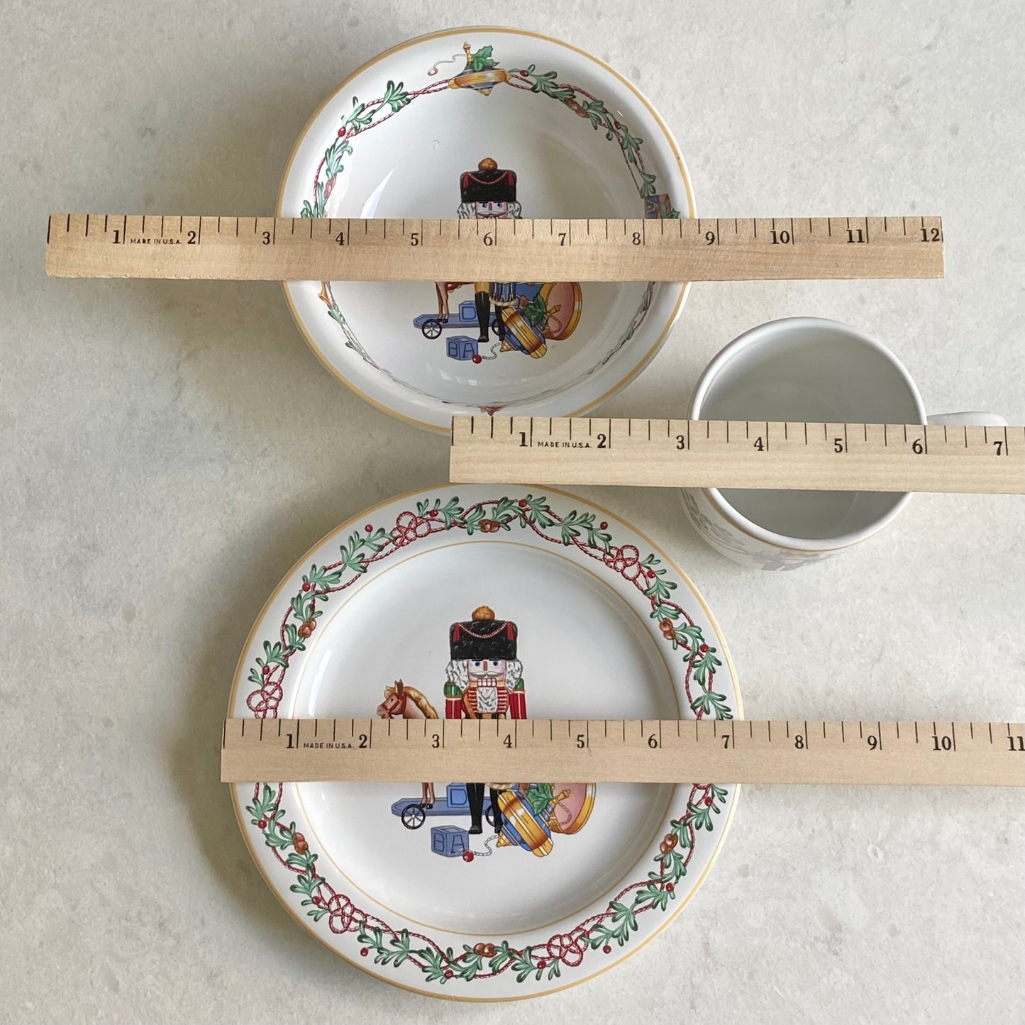 Vintage Block Spal Whimsy Christmas Nutcracker Dishes (circa 1992 - 1999) - Three Piece Child's Set (Plate, Bowl and Cup)