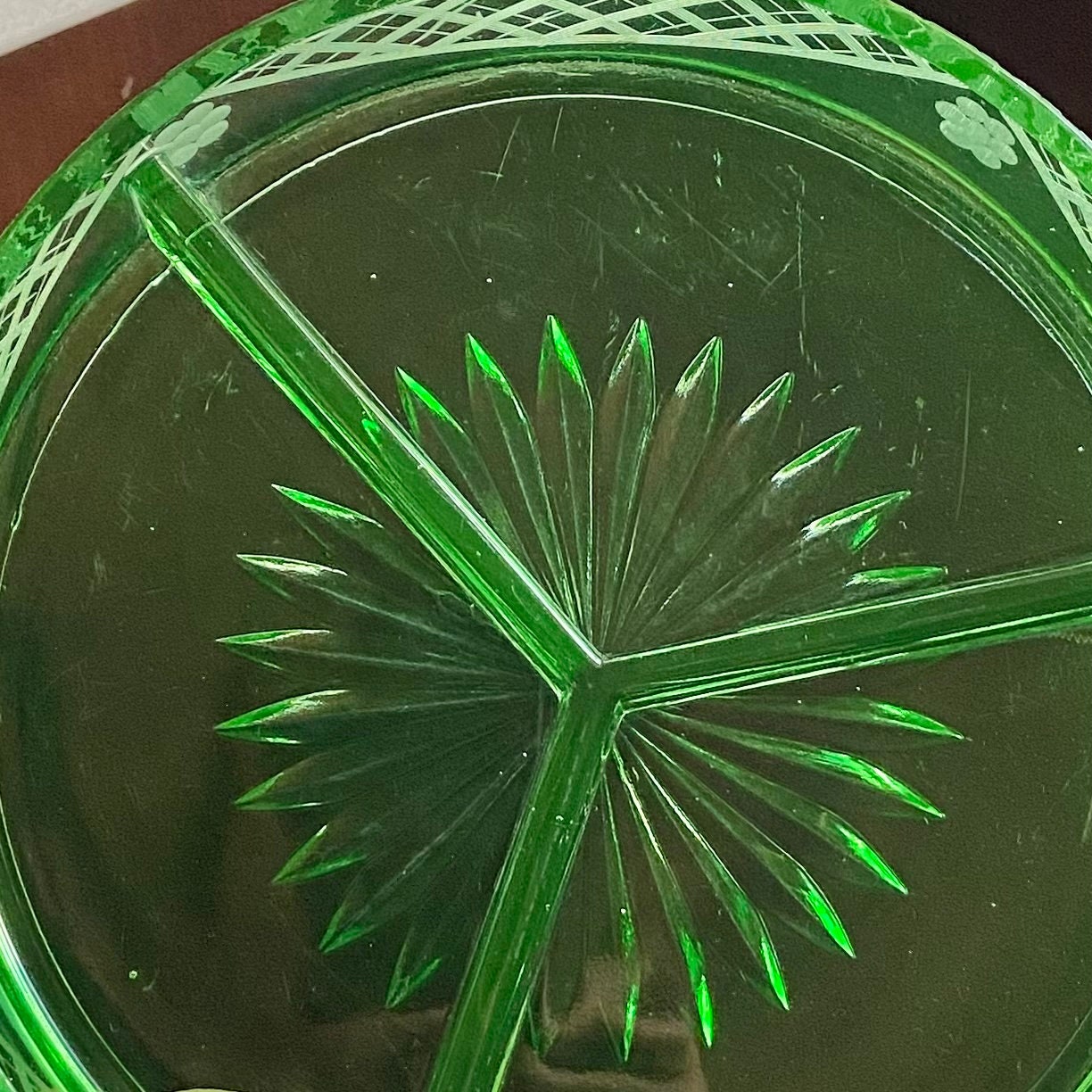 Vintage Uranium Glass Green Etched Three Part Dish