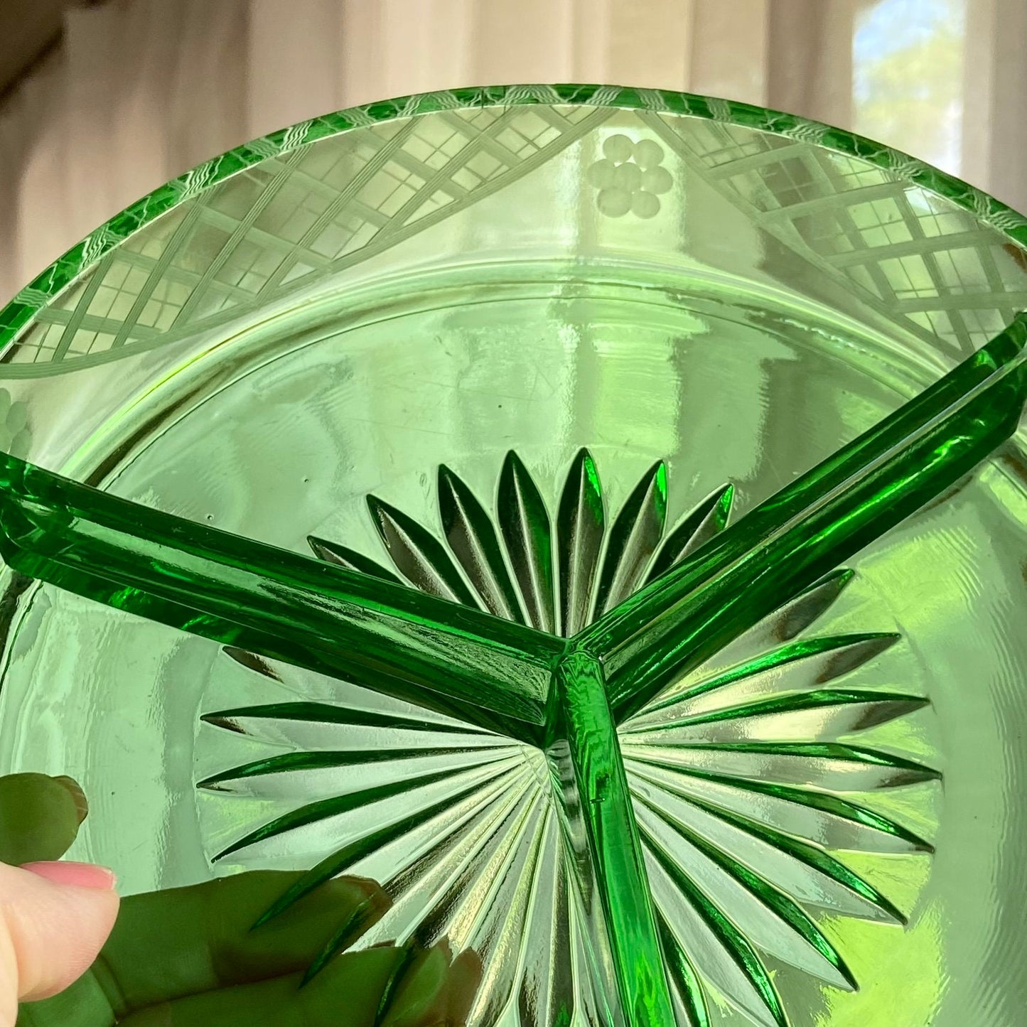 Vintage Uranium Glass Green Etched Three Part Dish