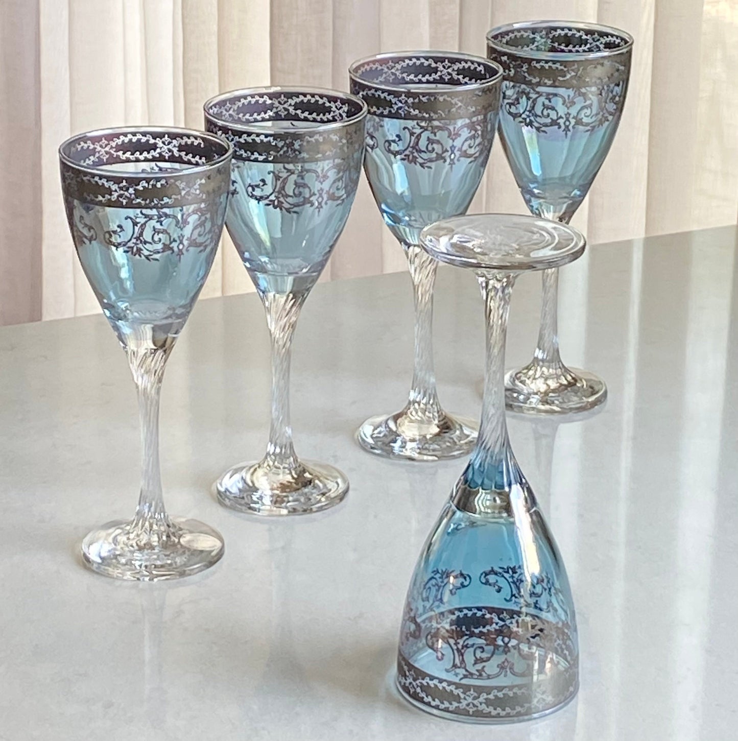 Vintage Arte Italica Blown Crystal Hand Decorated Blue Glasses - Set of 5